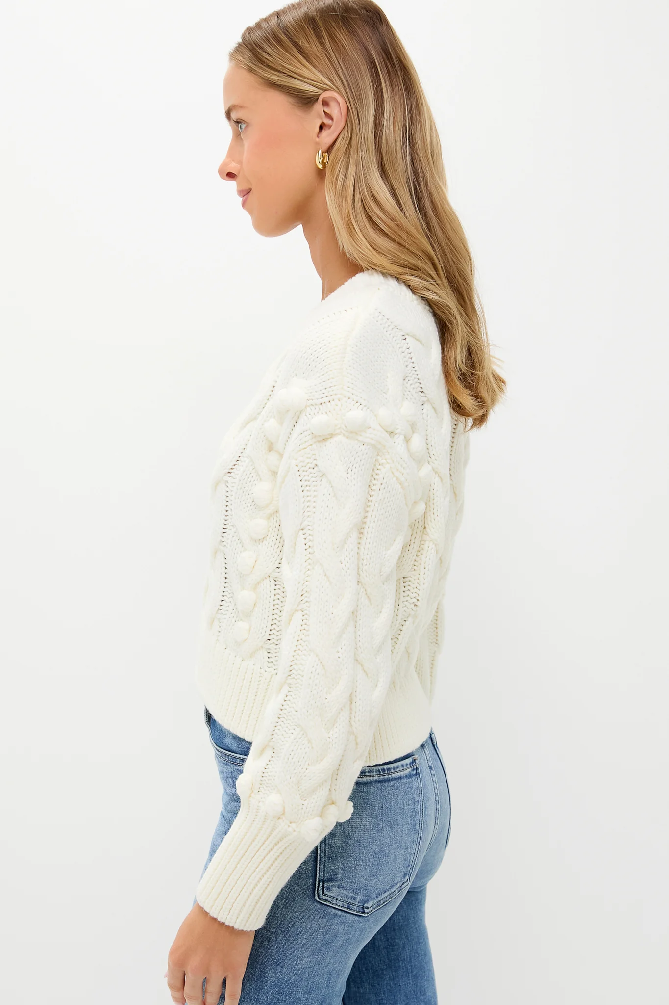 Ivory Cable Knit Cropped Contessa V-Neck Sweater - Image 3