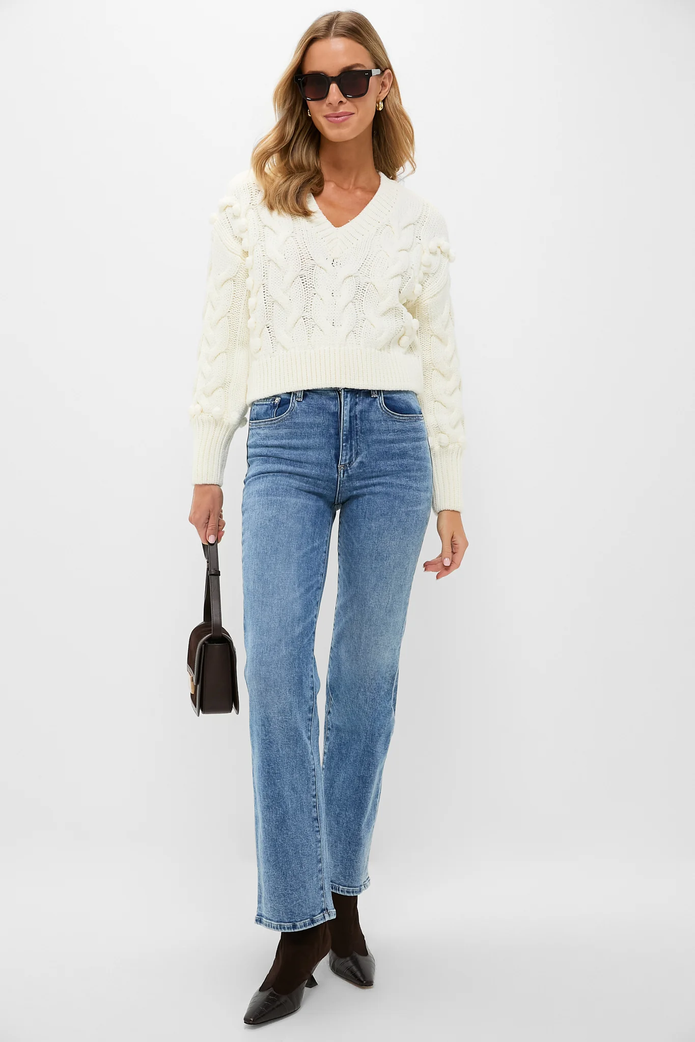 Ivory Cable Knit Cropped Contessa V-Neck Sweater - Image 7