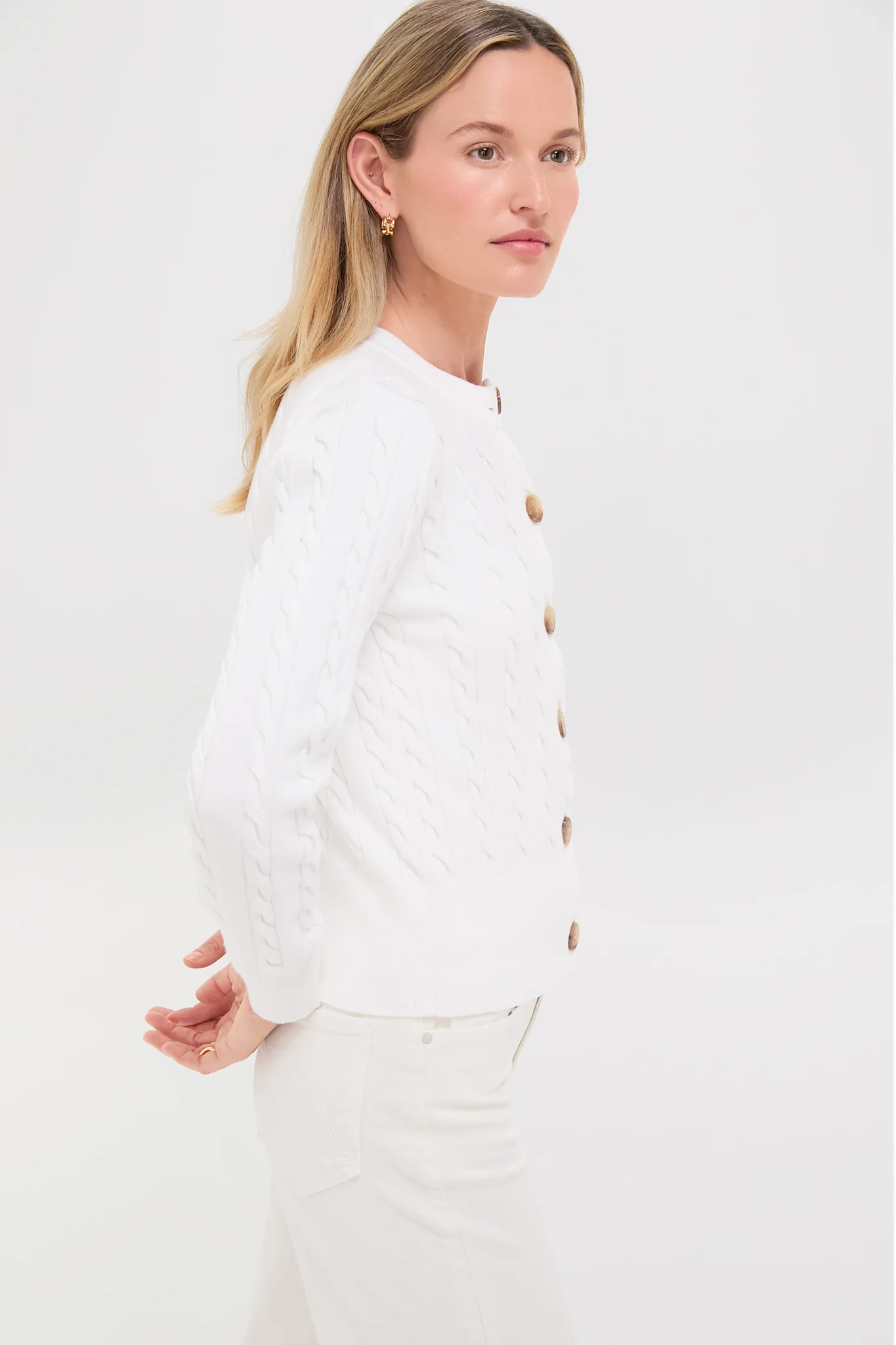 Ivory Cotton Cable Knit Kit Cardigan - Image 3