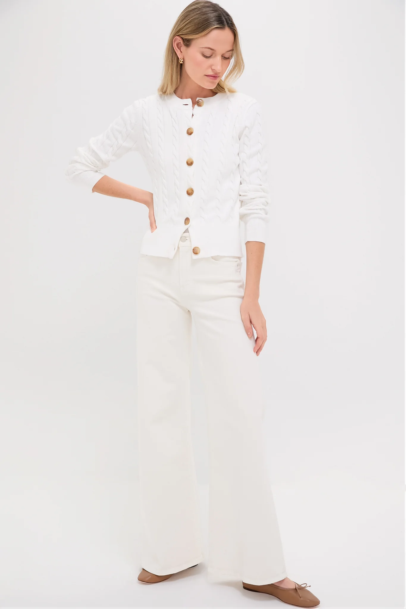 Ivory Cotton Cable Knit Kit Cardigan - Image 6