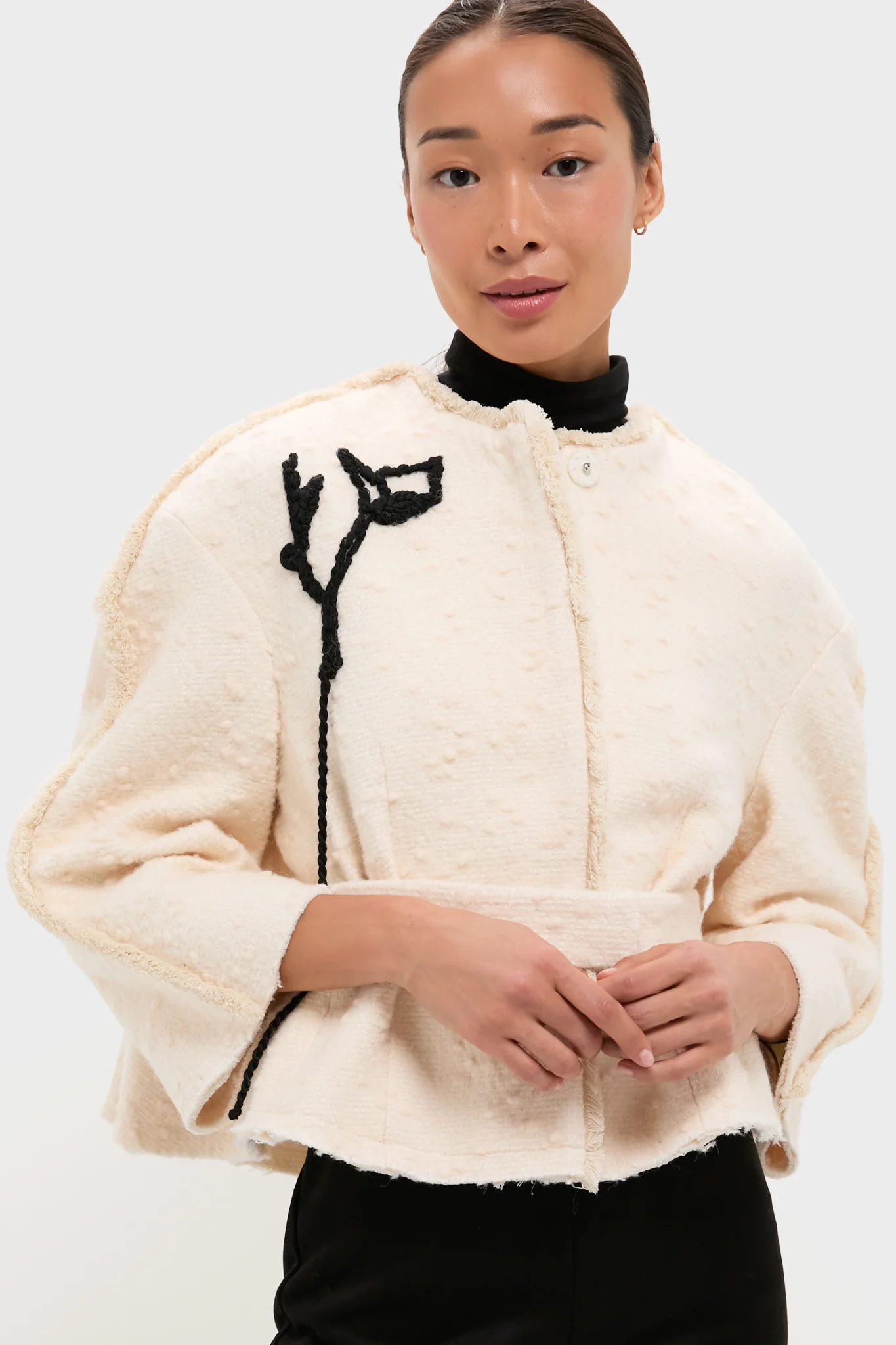 Ivory Cocoon Cropped Belted Jacket
