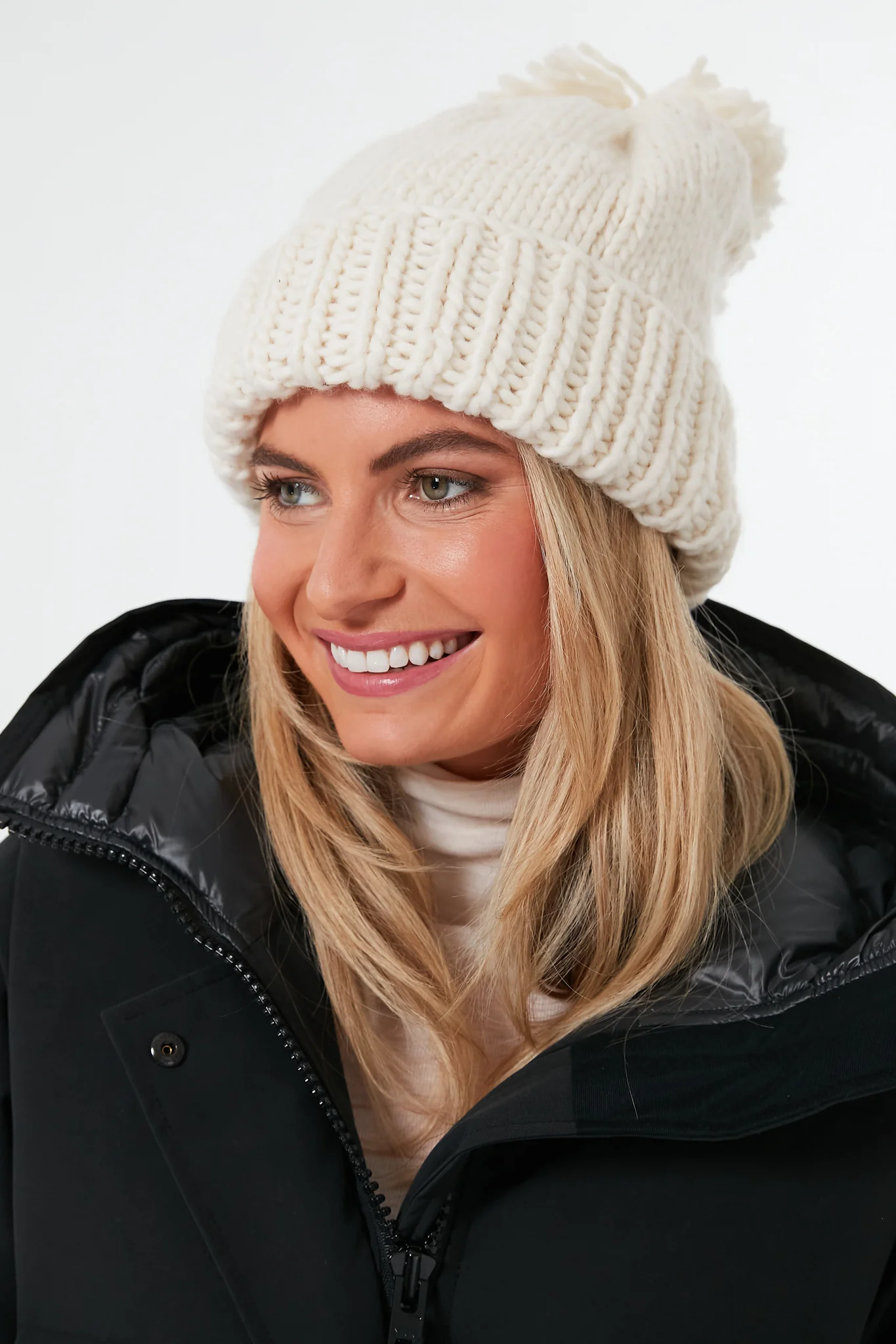 Ivory Hand Knitted Basic Pom Hat - Image 2