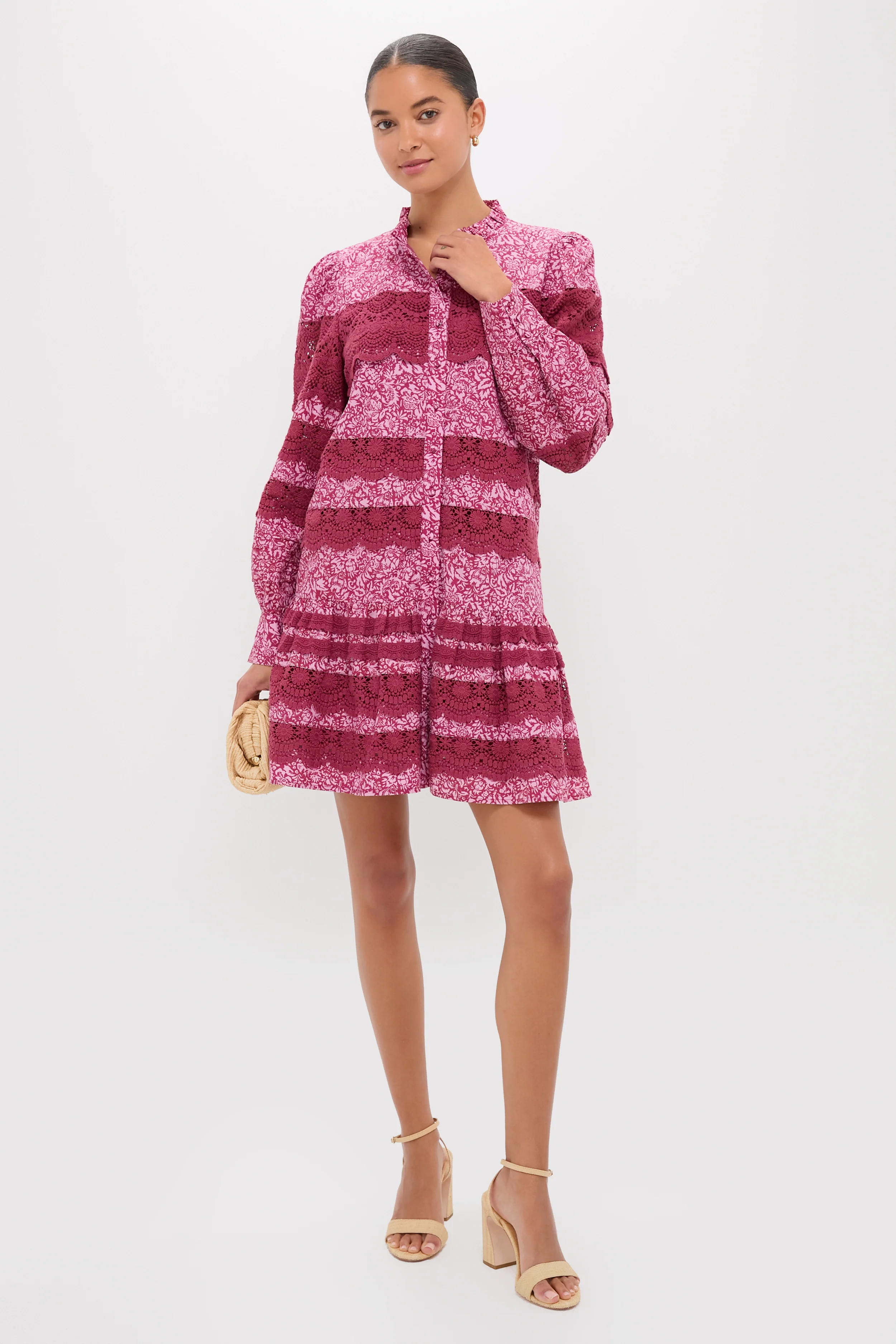Lace Trim Maroon & Pink Floral Emmie Mini Dress - Image 2