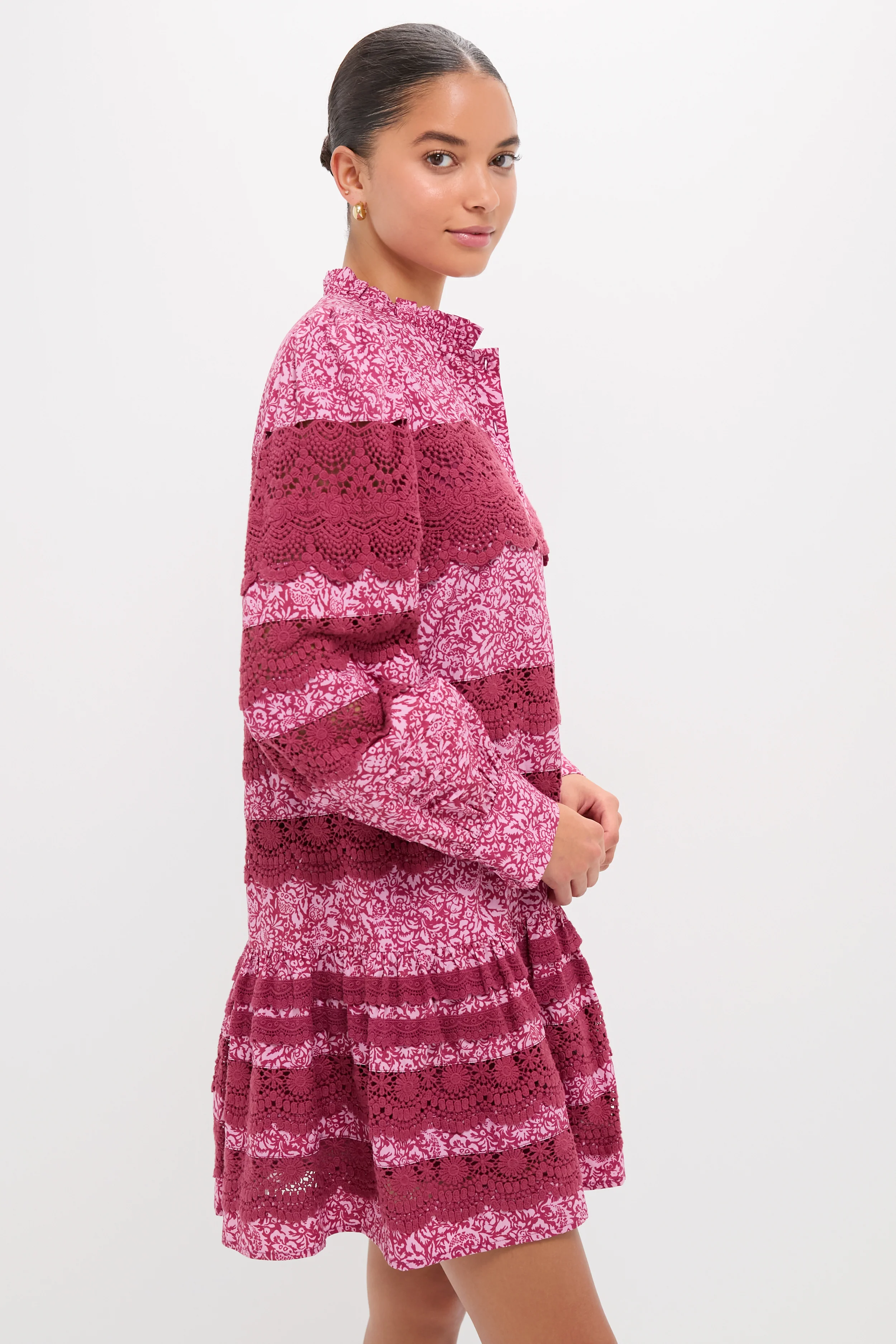 Lace Trim Maroon & Pink Floral Emmie Mini Dress - Image 3