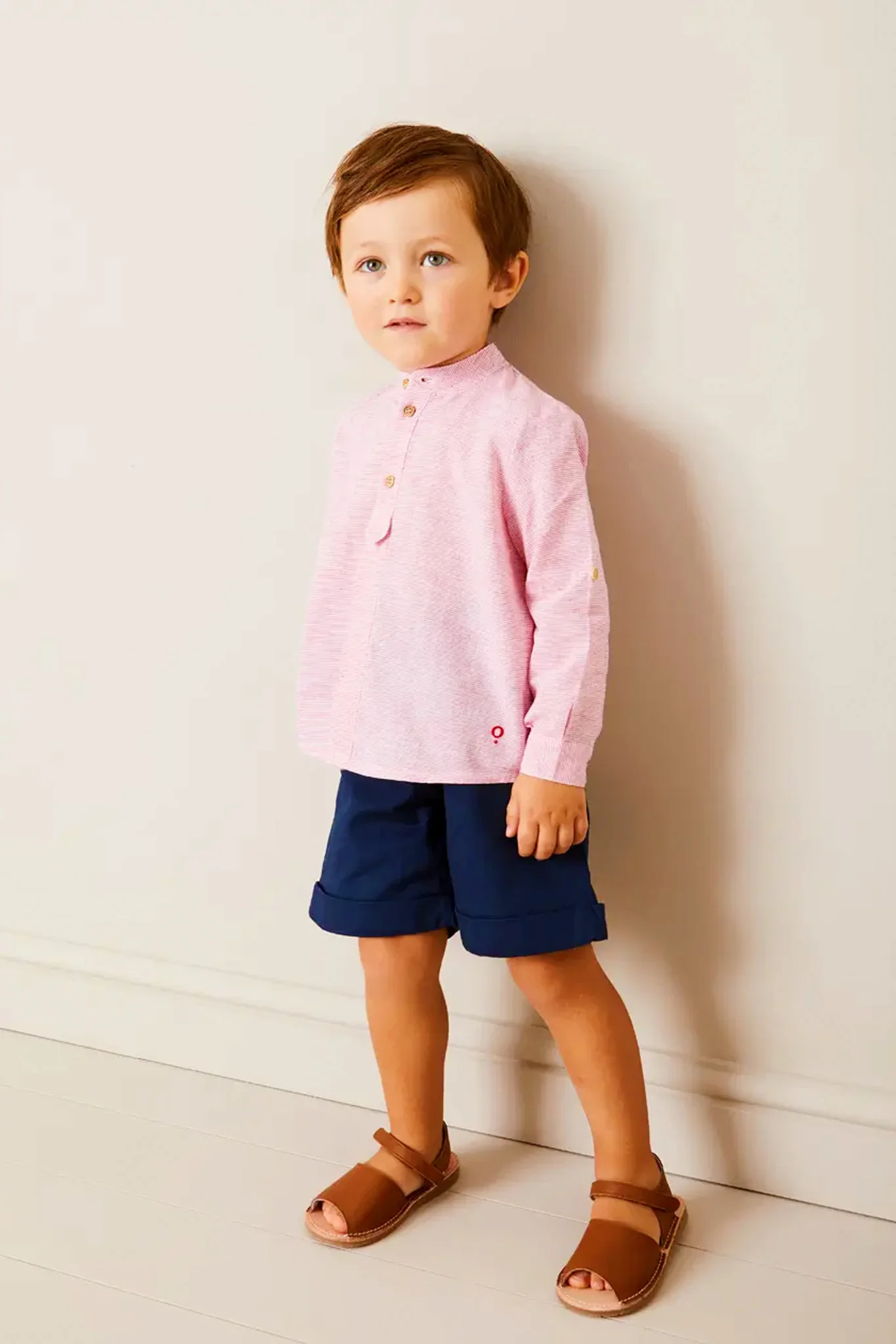 Lawrence Striped Mao Collar Long Sleeve Shirt in Red - Image 2