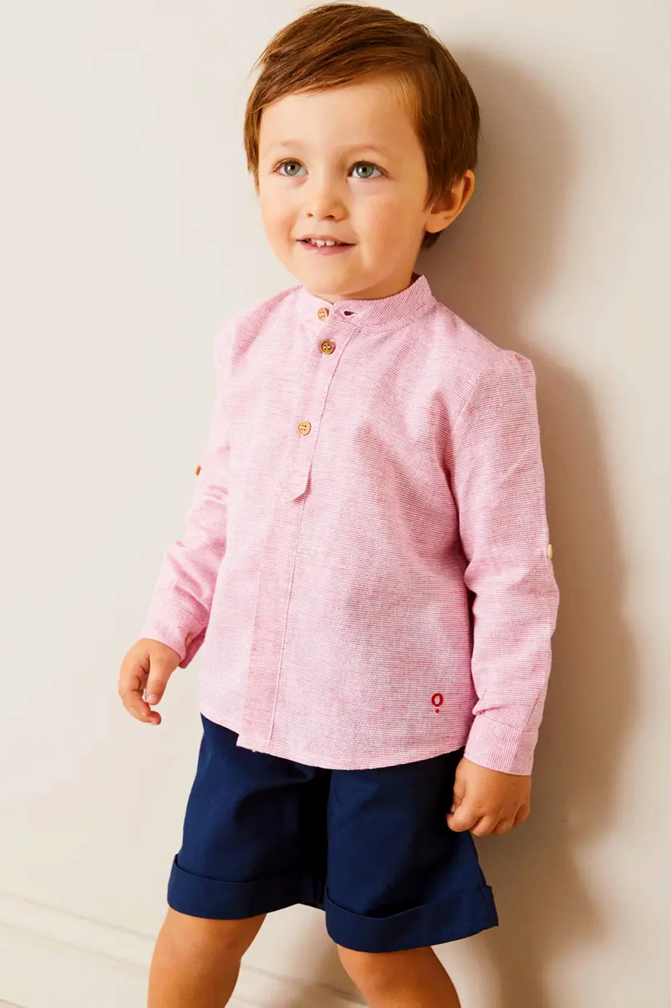 Lawrence Striped Mao Collar Long Sleeve Shirt in Red - Image 4