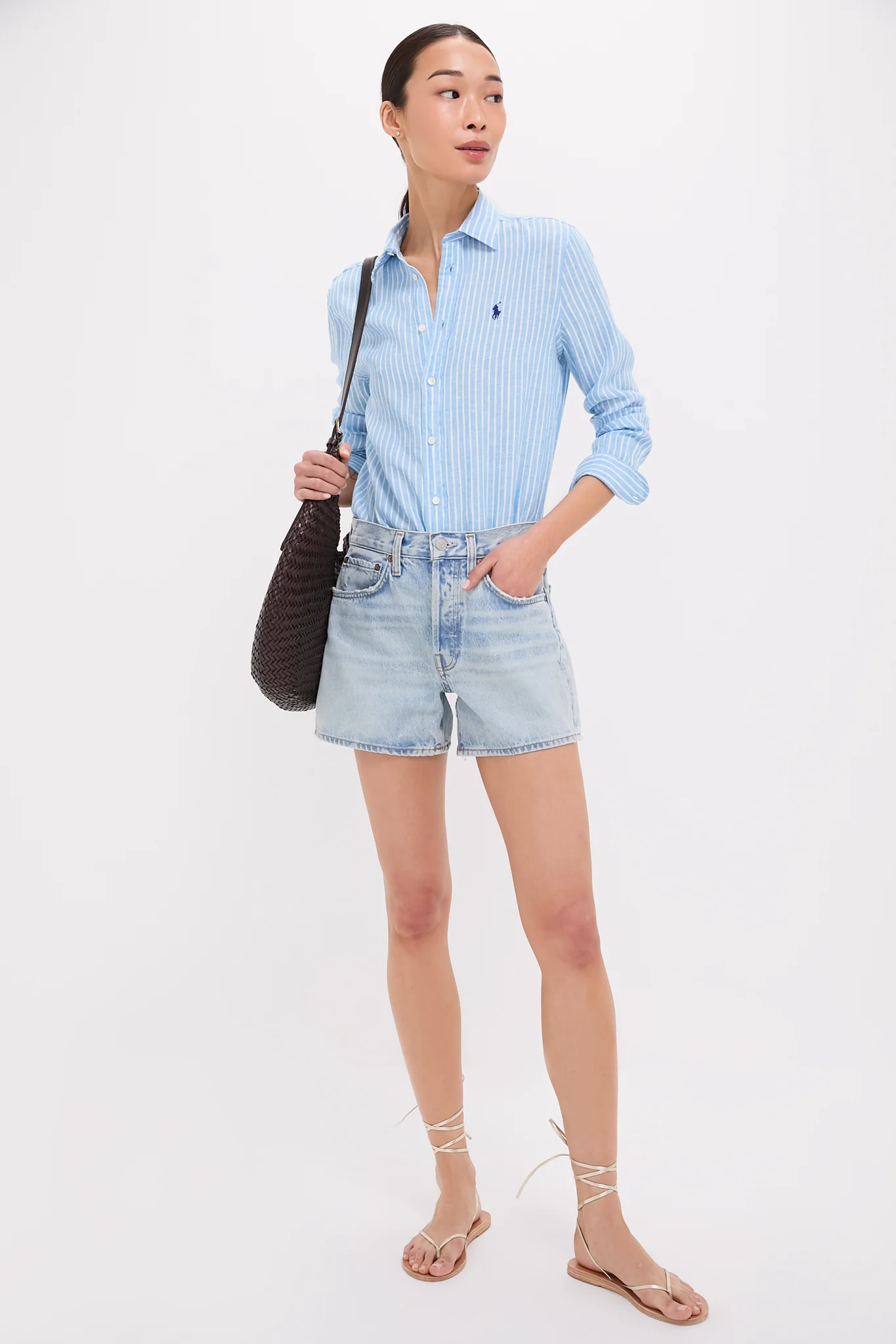 Light Blue and White Linen Long Sleeve Button Front Shirt - Image 2