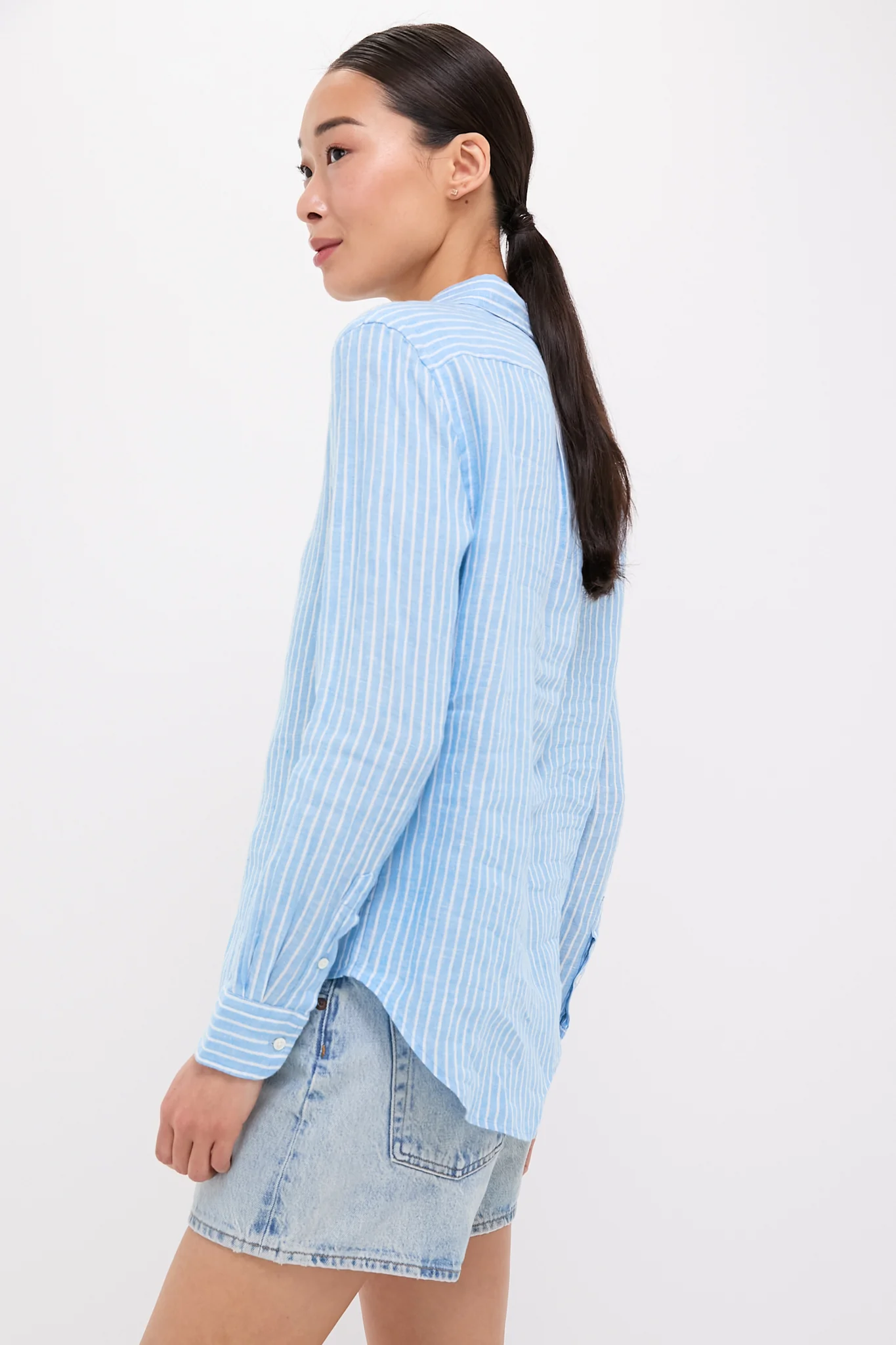 Light Blue and White Linen Long Sleeve Button Front Shirt - Image 3