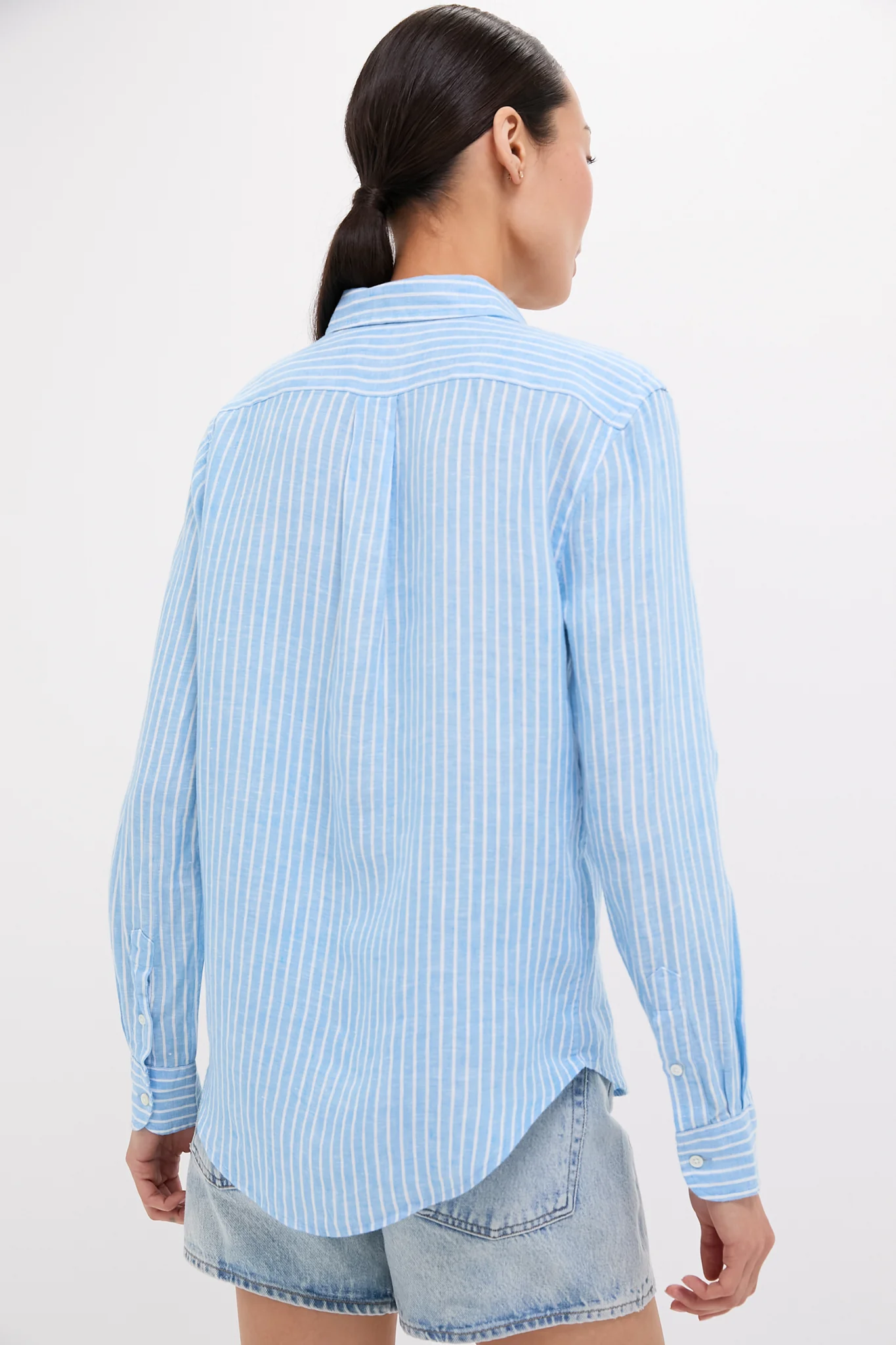 Light Blue and White Linen Long Sleeve Button Front Shirt - Image 4