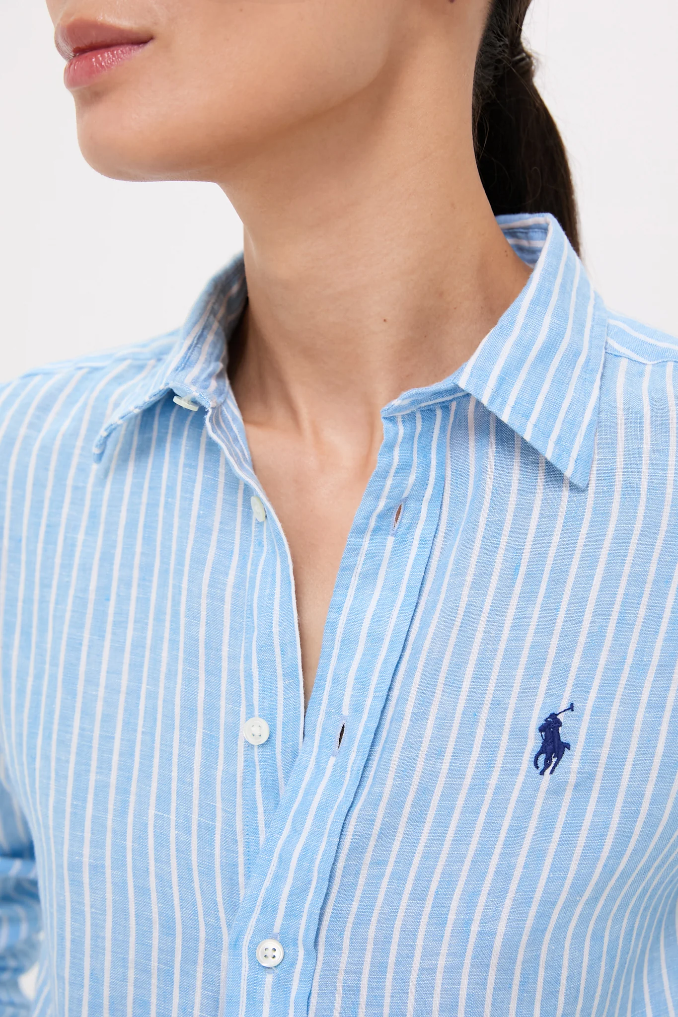 Light Blue and White Linen Long Sleeve Button Front Shirt - Image 5