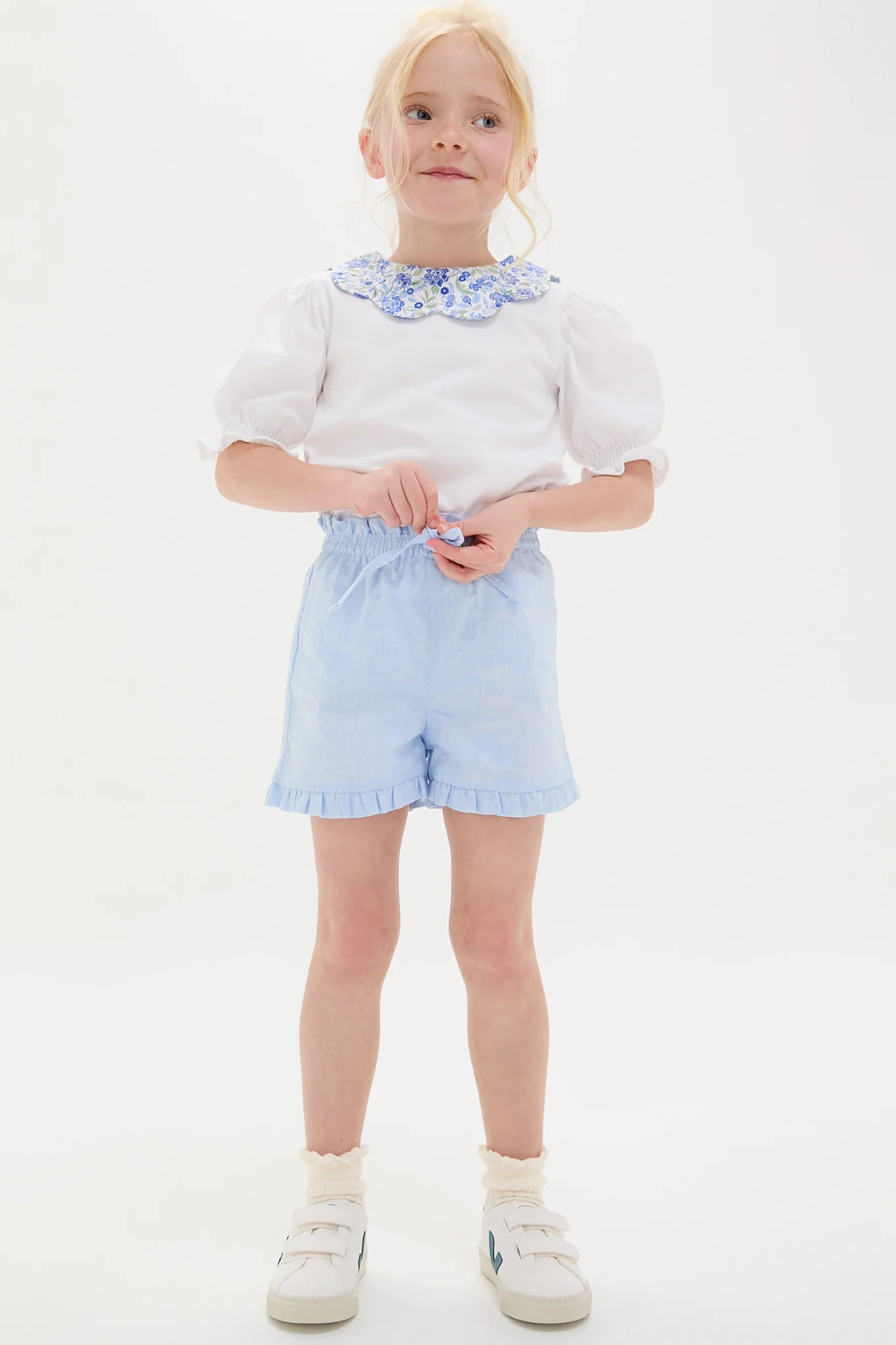 Light Blue Flores Cotton Girls Shorts - Image 2