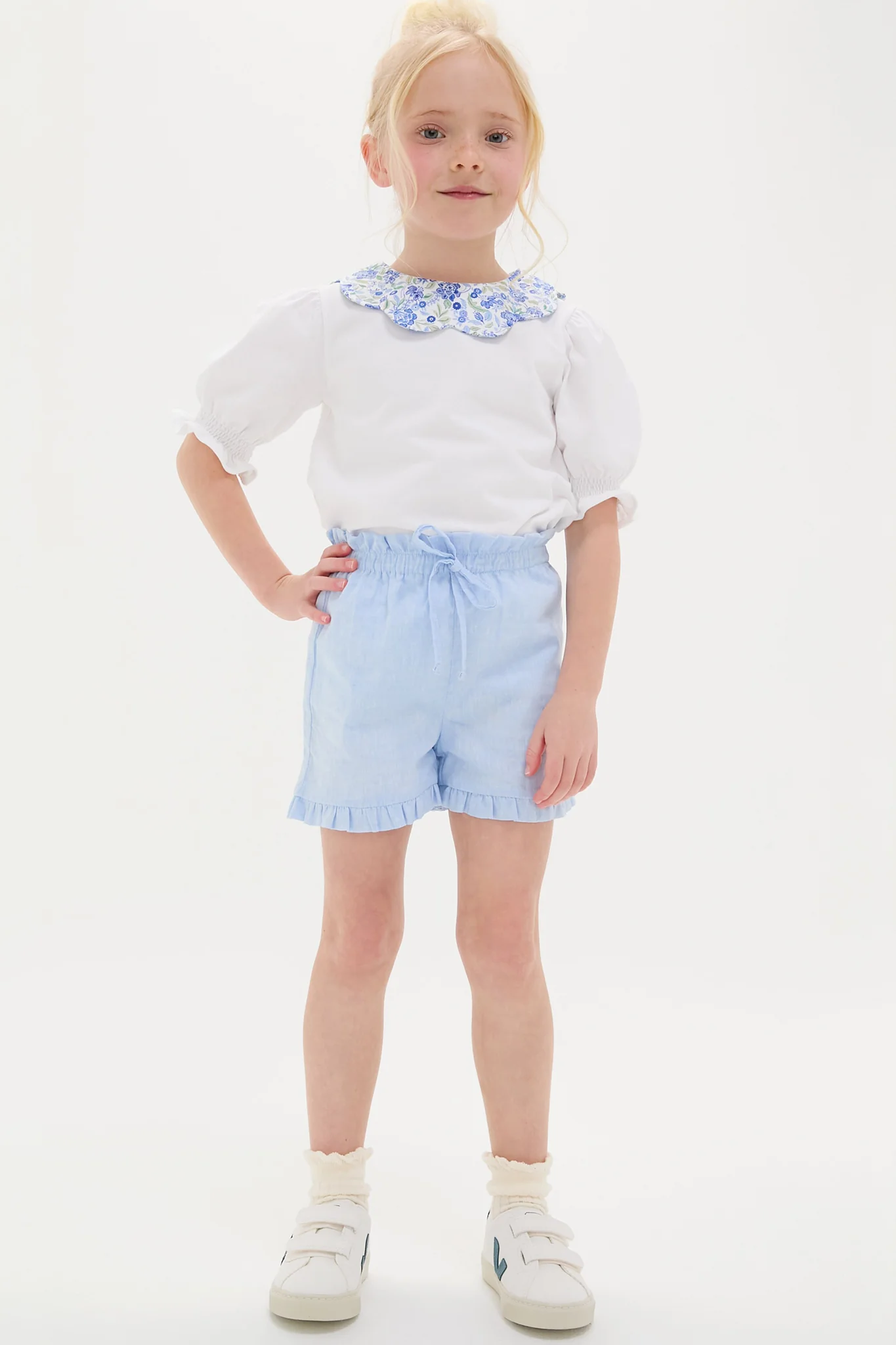 Light Blue Flores Cotton Girls Shorts - Image 5