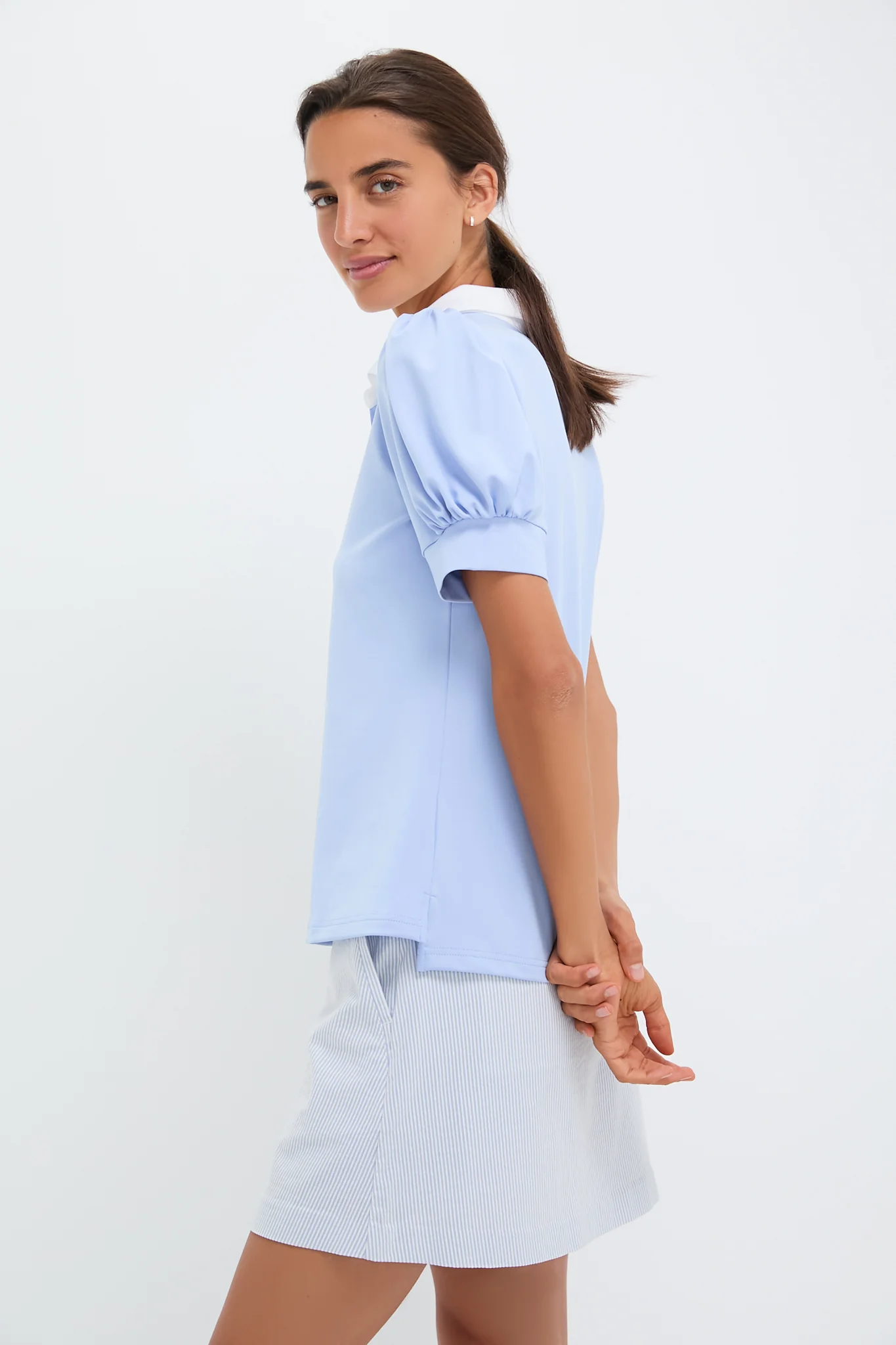Light Blue Puff Sleeve Performance Jersey Caroline Polo - Image 3
