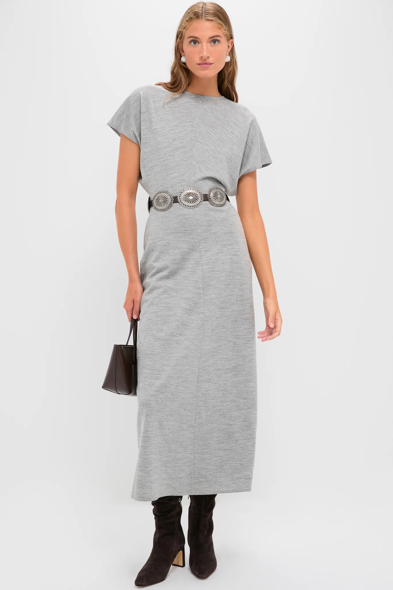 Light Smoke Heather Wool Jersey Knit Crew Neck Short Sleeve A-Line Dress - Image 2