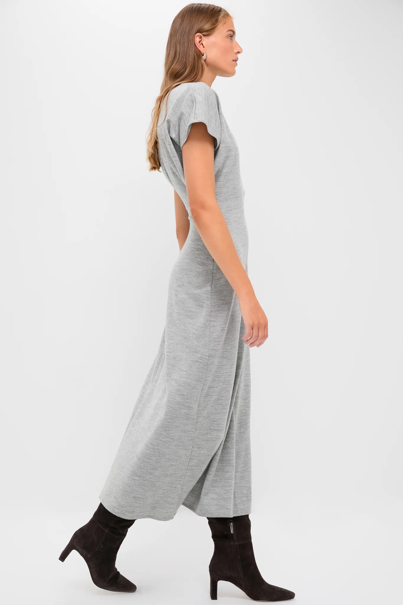 Light Smoke Heather Wool Jersey Knit Crew Neck Short Sleeve A-Line Dress - Image 3