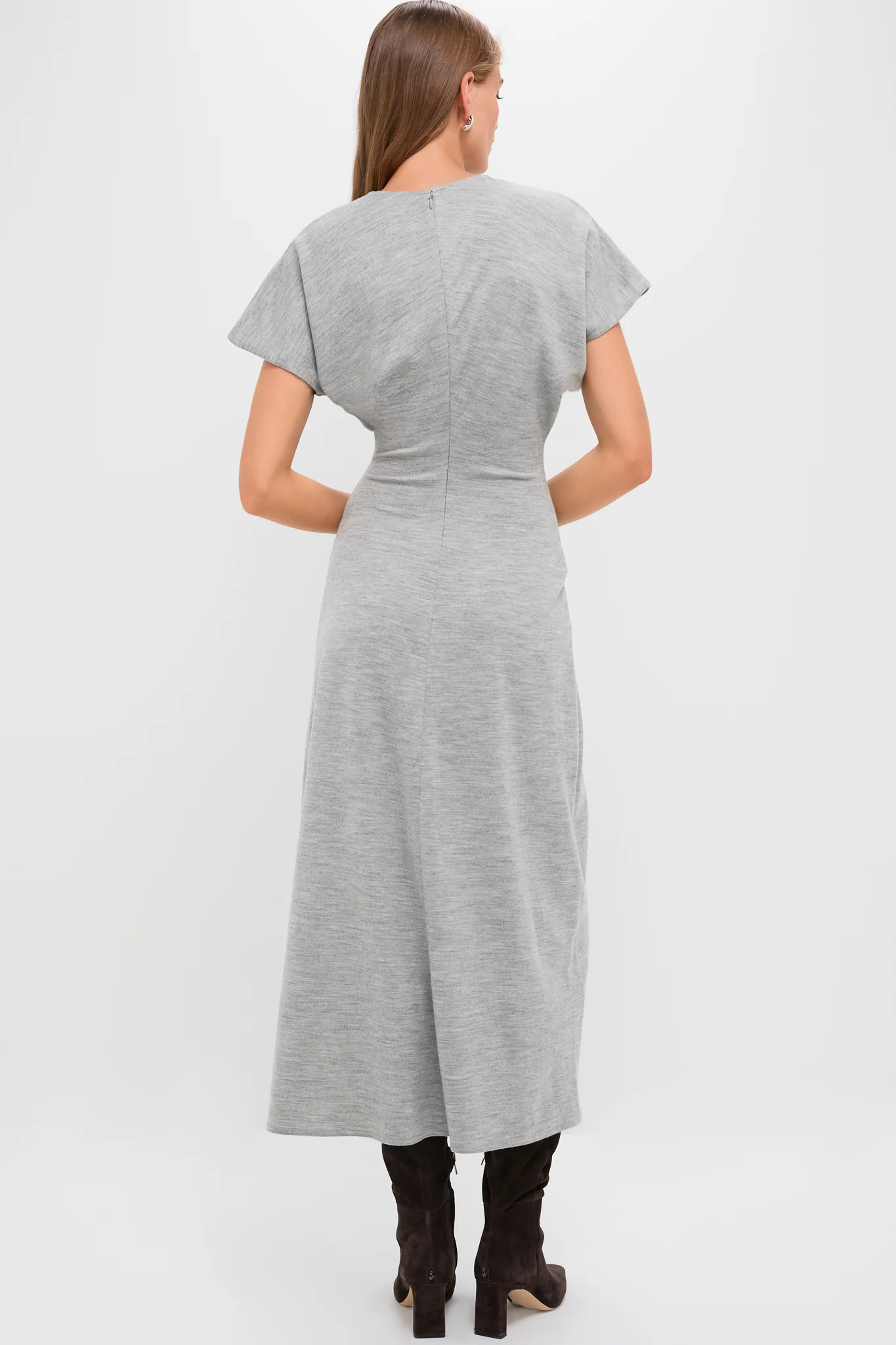 Light Smoke Heather Wool Jersey Knit Crew Neck Short Sleeve A-Line Dress - Image 4