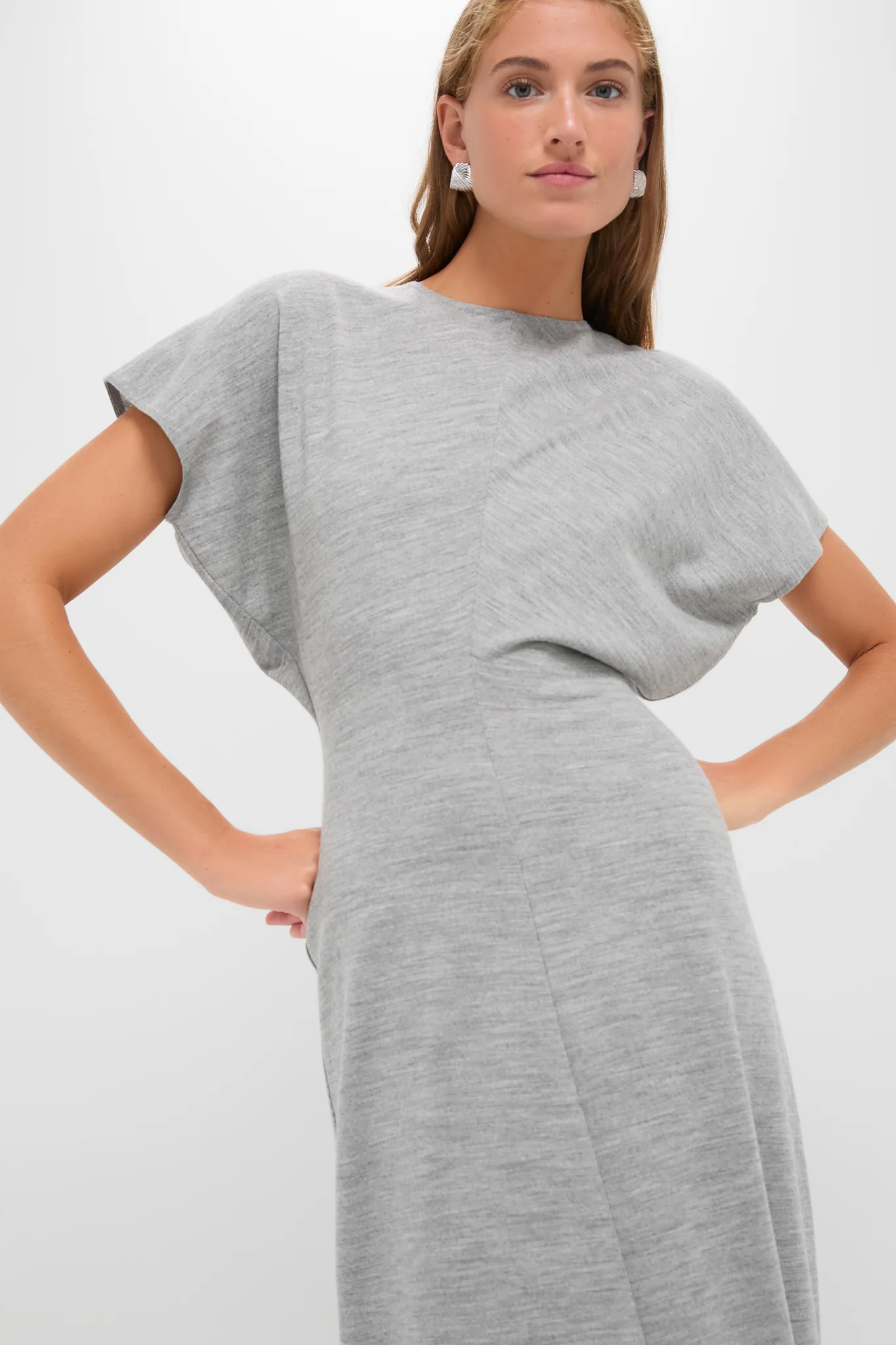 Light Smoke Heather Wool Jersey Knit Crew Neck Short Sleeve A-Line Dress - Image 5
