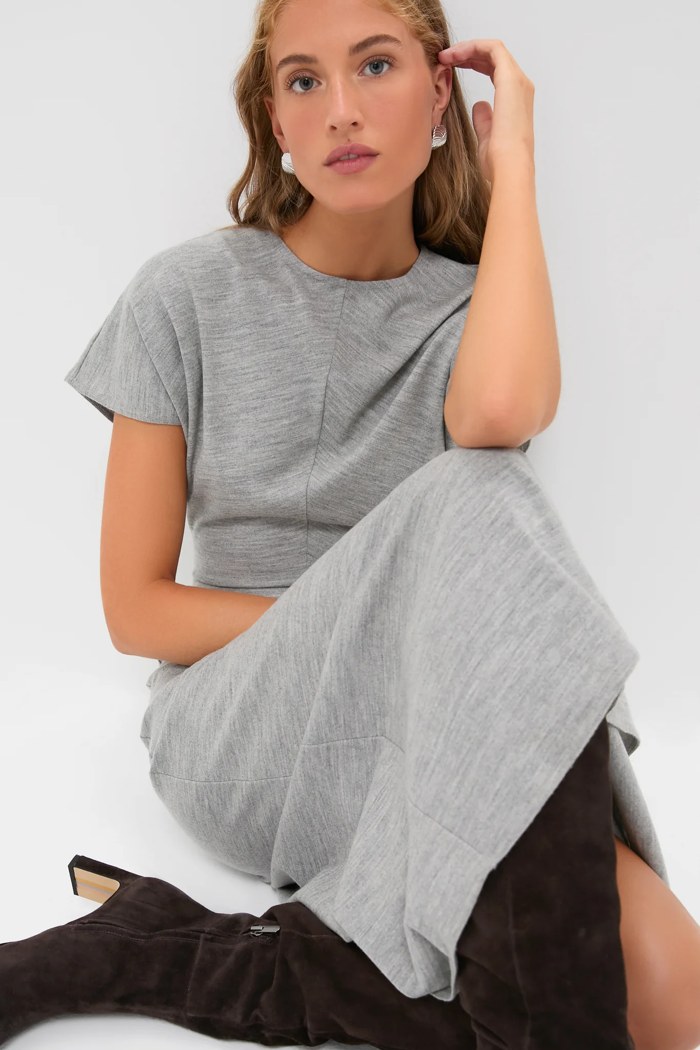 Light Smoke Heather Wool Jersey Knit Crew Neck Short Sleeve A-Line Dress - Image 6