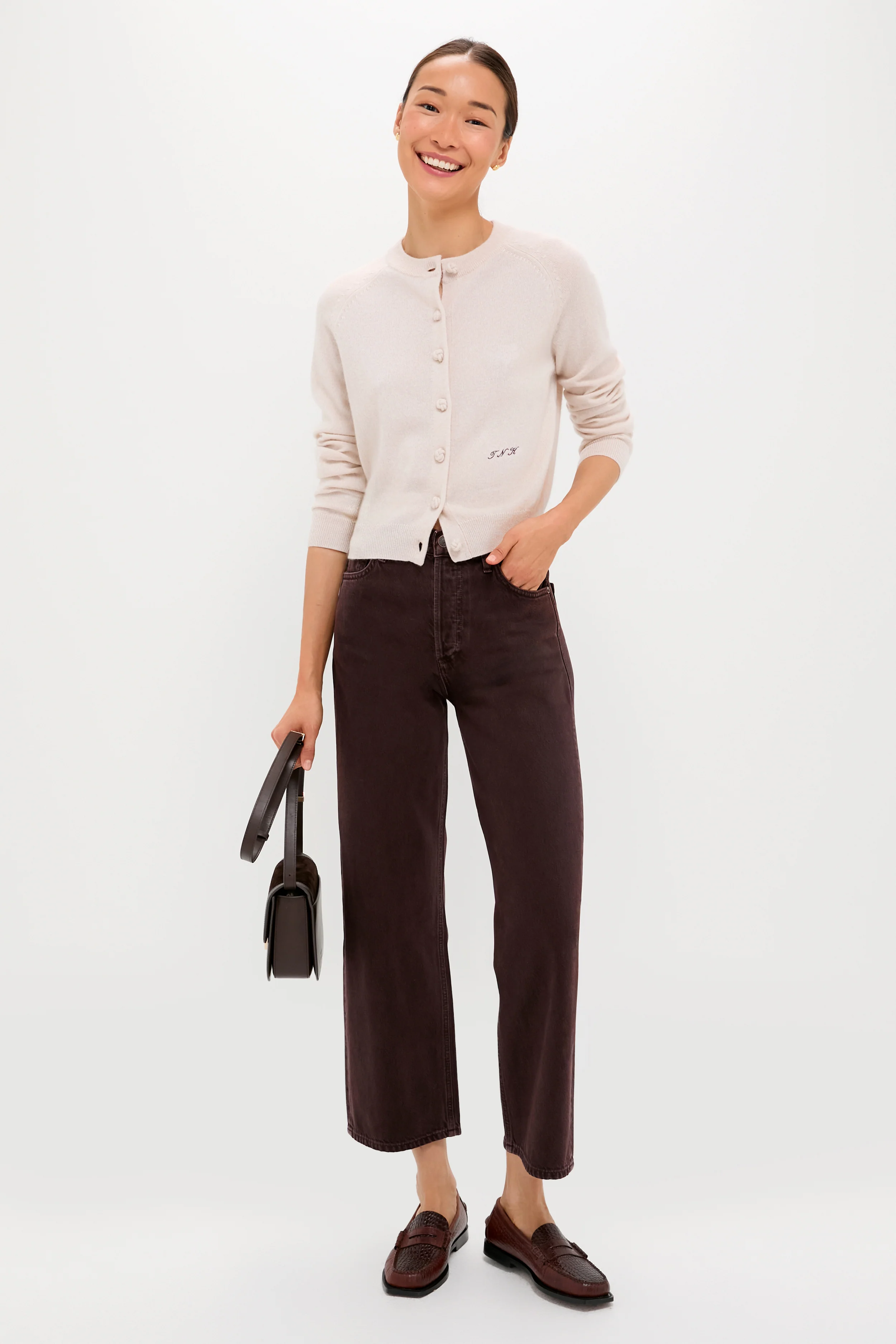 Lightweight Sandstone Cashmere Knot Button Cardigan - Image 2