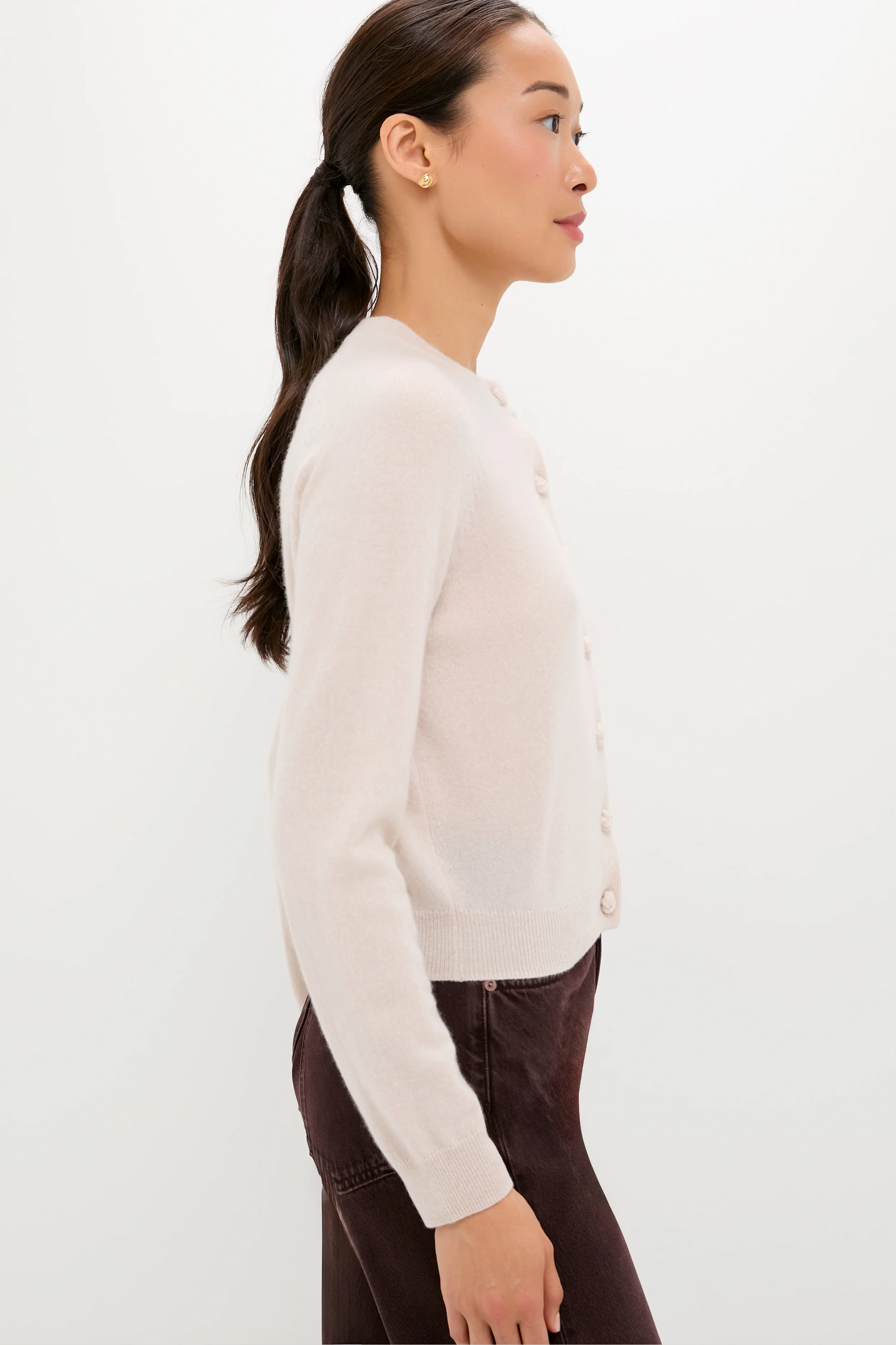 Lightweight Sandstone Cashmere Knot Button Cardigan - Image 3