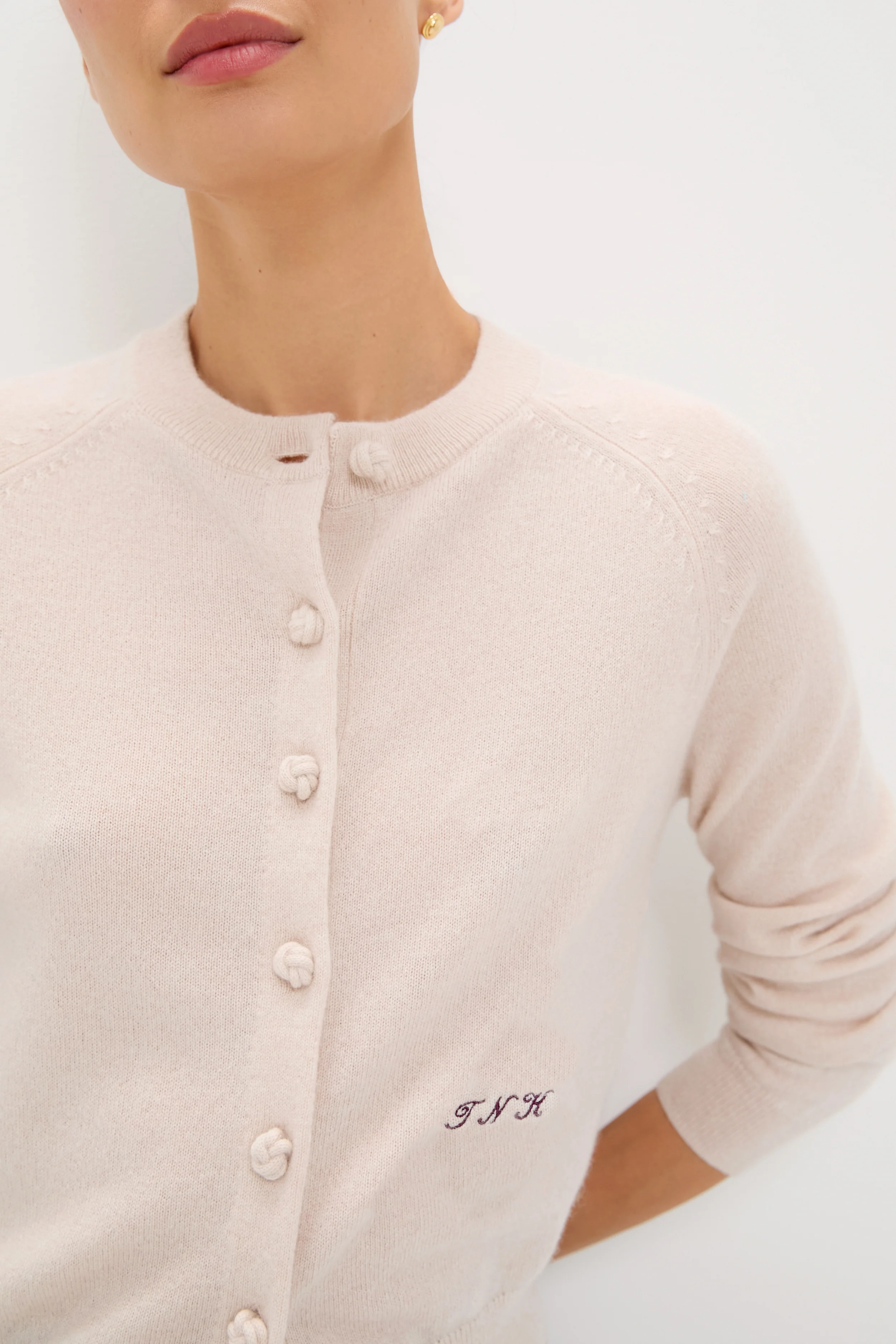Lightweight Sandstone Cashmere Knot Button Cardigan - Image 5