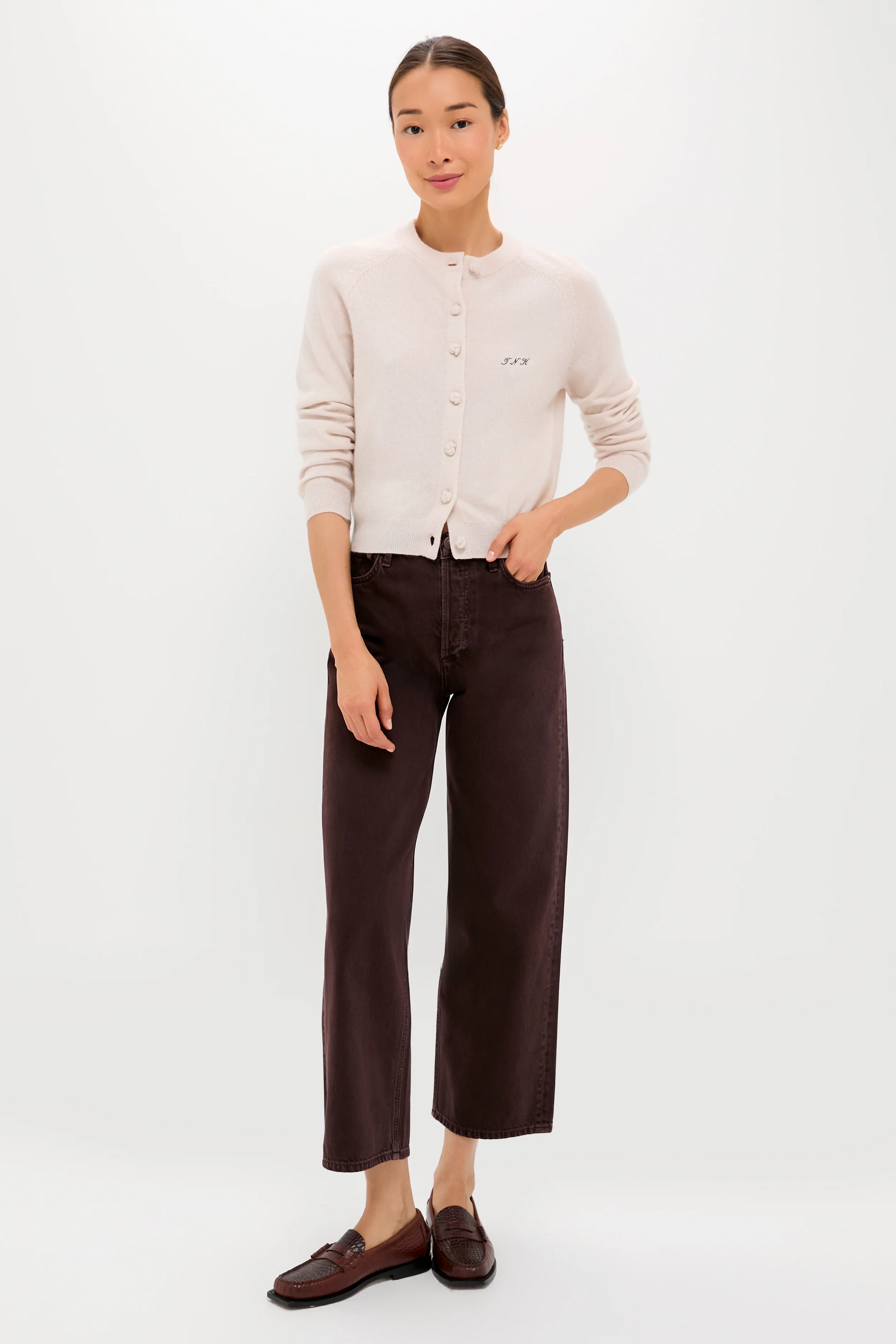 Lightweight Sandstone Cashmere Knot Button Cardigan - Image 6