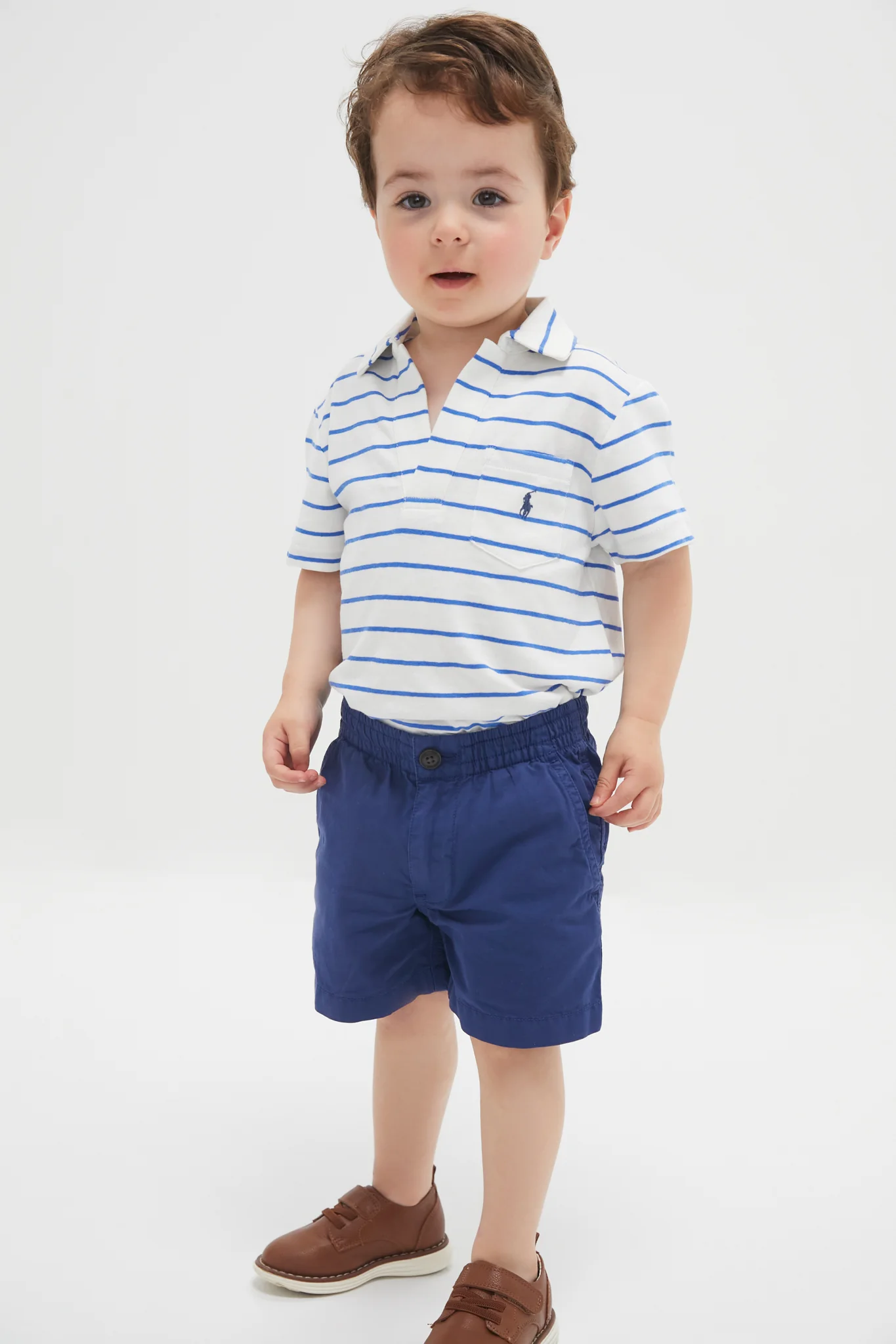 Little Boys White Short-Sleeve Cotton Linen Jersey Striped Johnny Collar Polo - Image 2