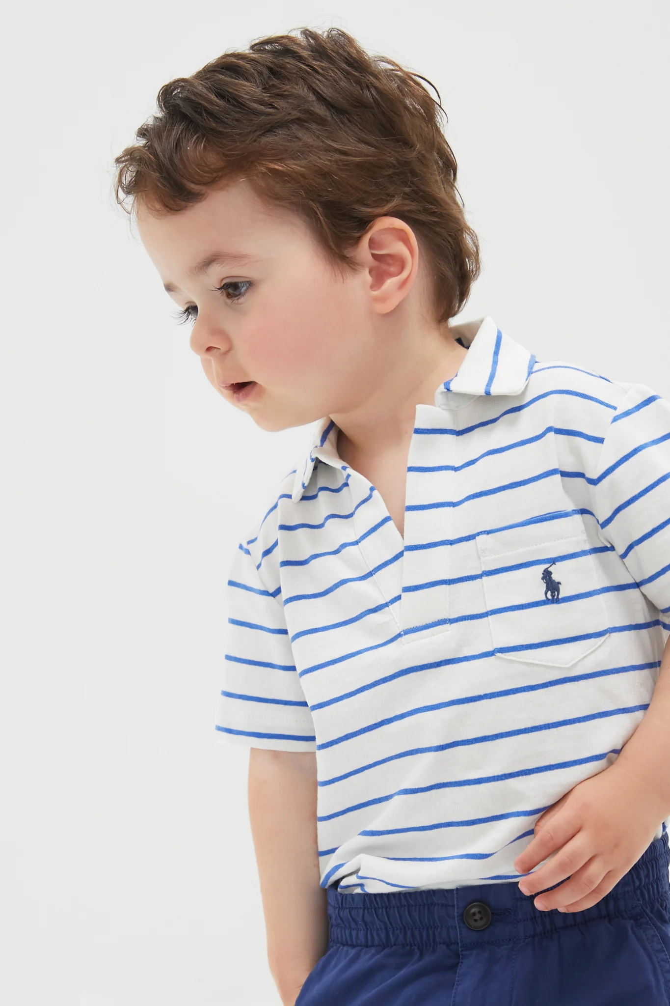 Little Boys White Short-Sleeve Cotton Linen Jersey Striped Johnny Collar Polo - Image 3