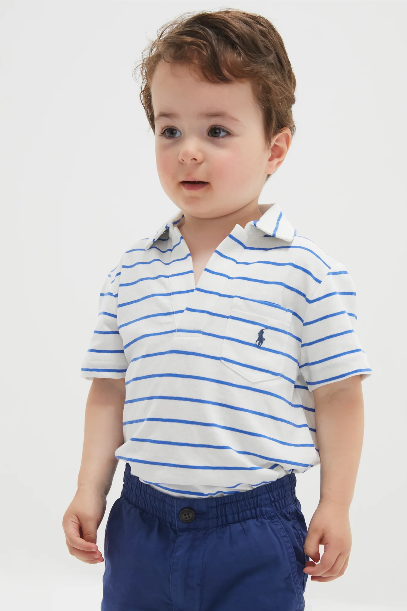Little Boys White Short-Sleeve Cotton Linen Jersey Striped Johnny Collar Polo - Image 4
