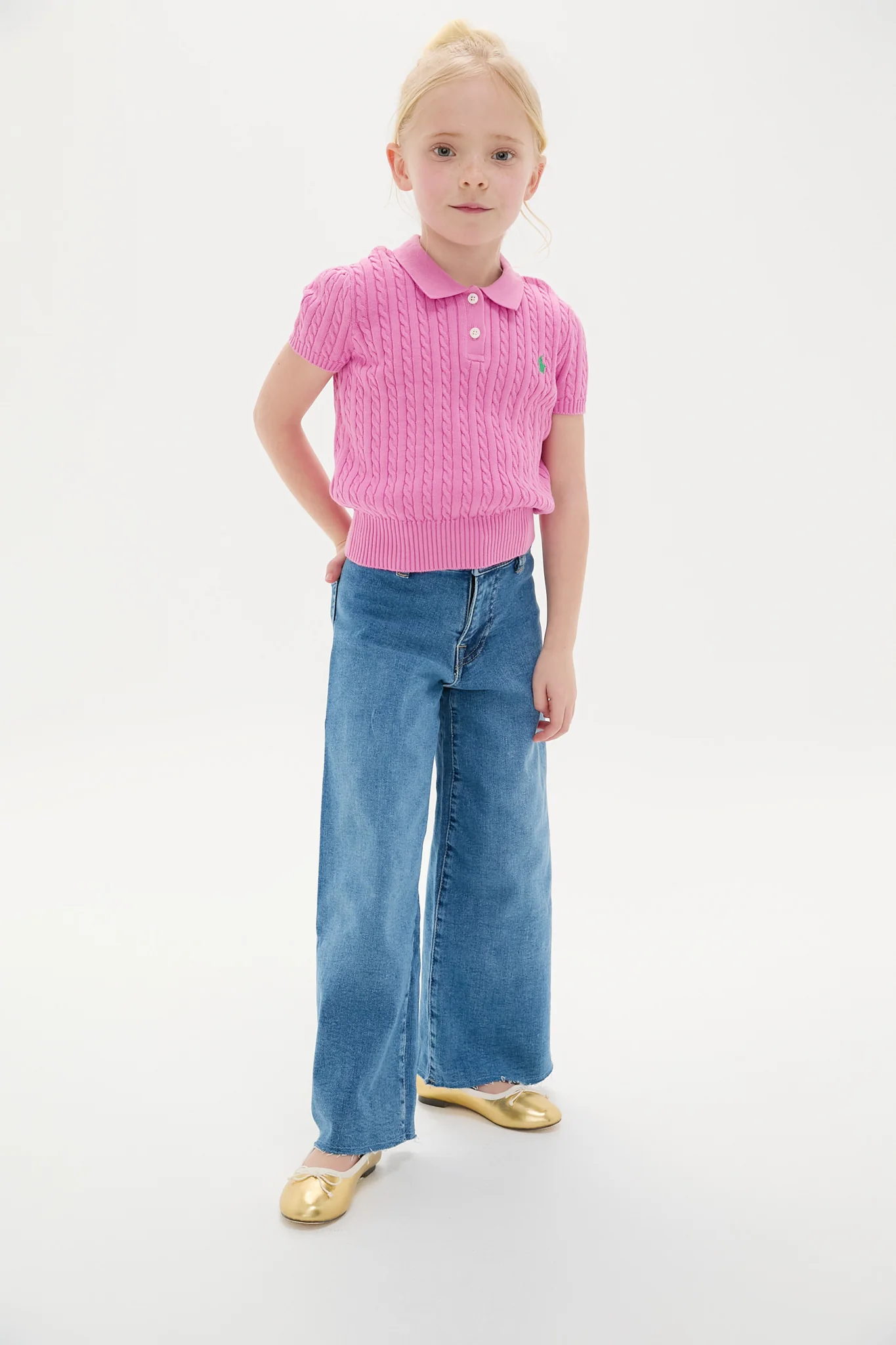 Little Girls Short Sleeved Combed Cotton Mini Cable Knit Polo - Image 2
