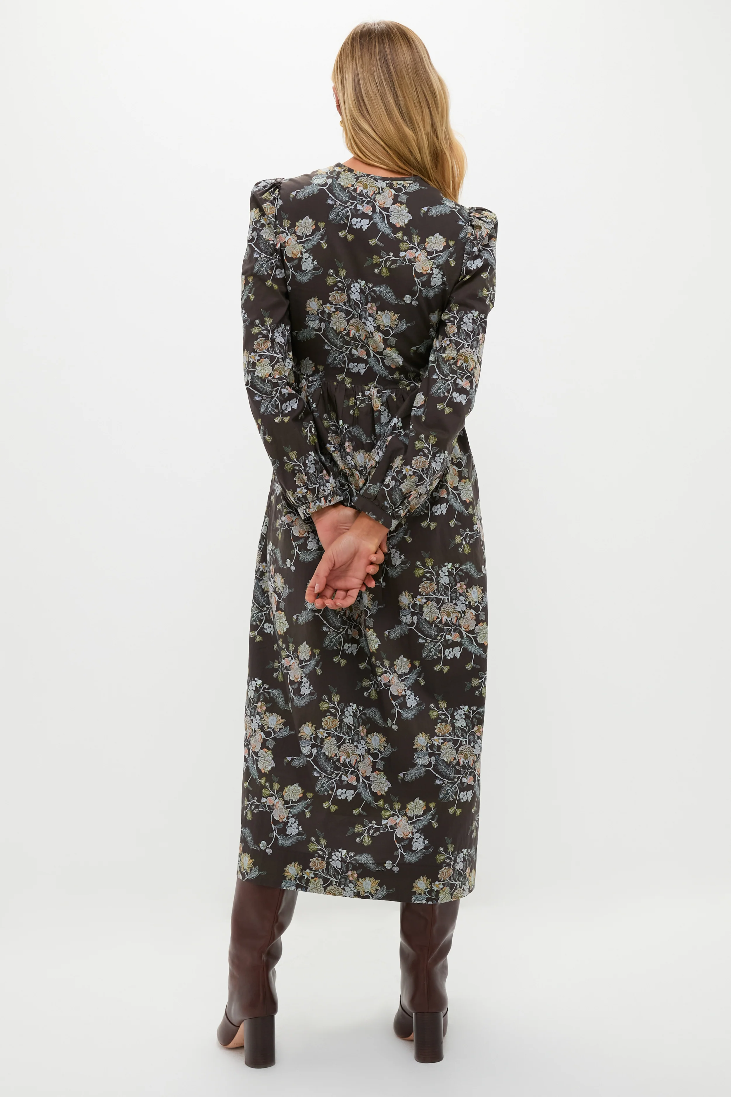 Long Sleeve Brown Multi Floral Oslo Midi Dress - Image 3
