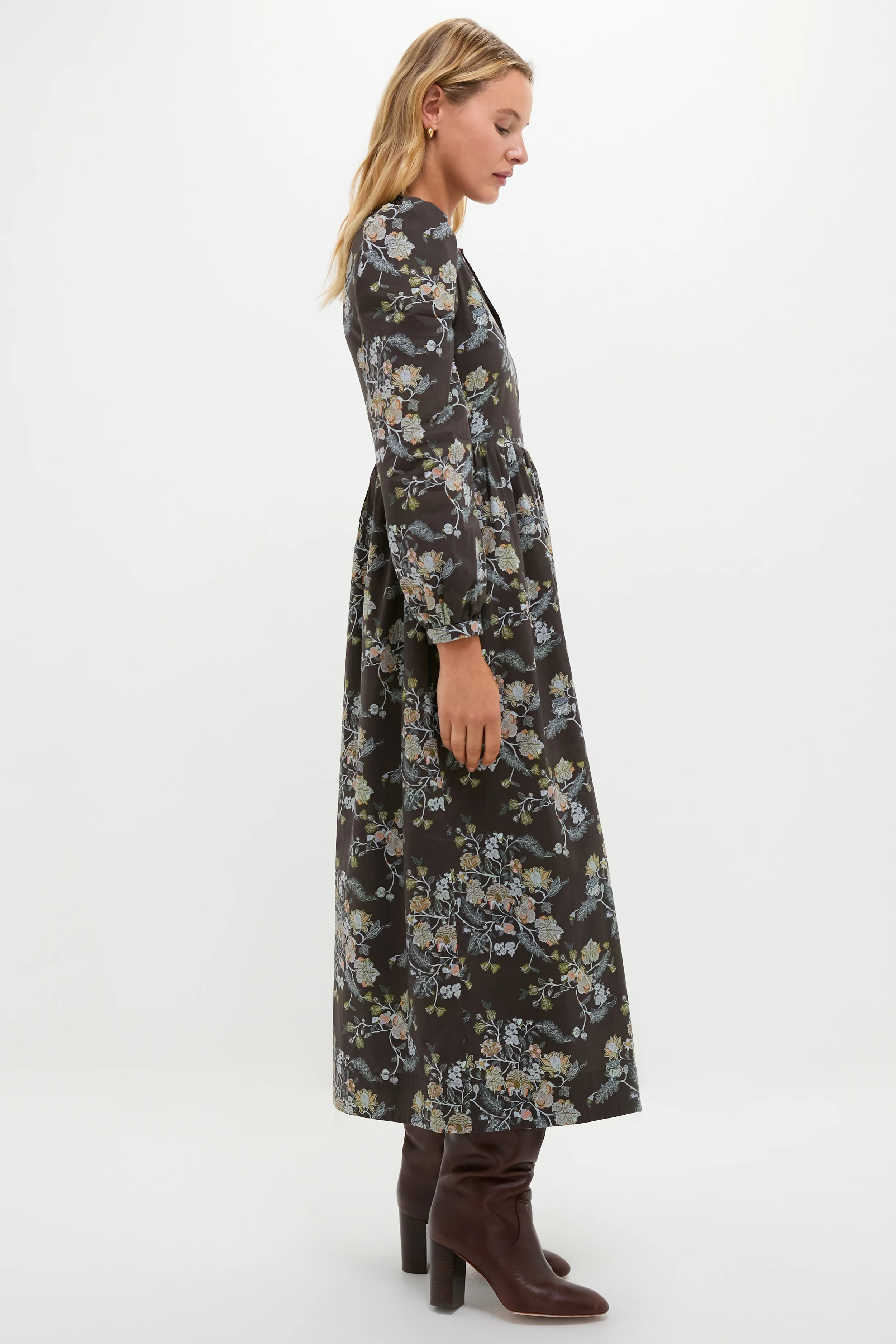 Long Sleeve Brown Multi Floral Oslo Midi Dress - Image 4
