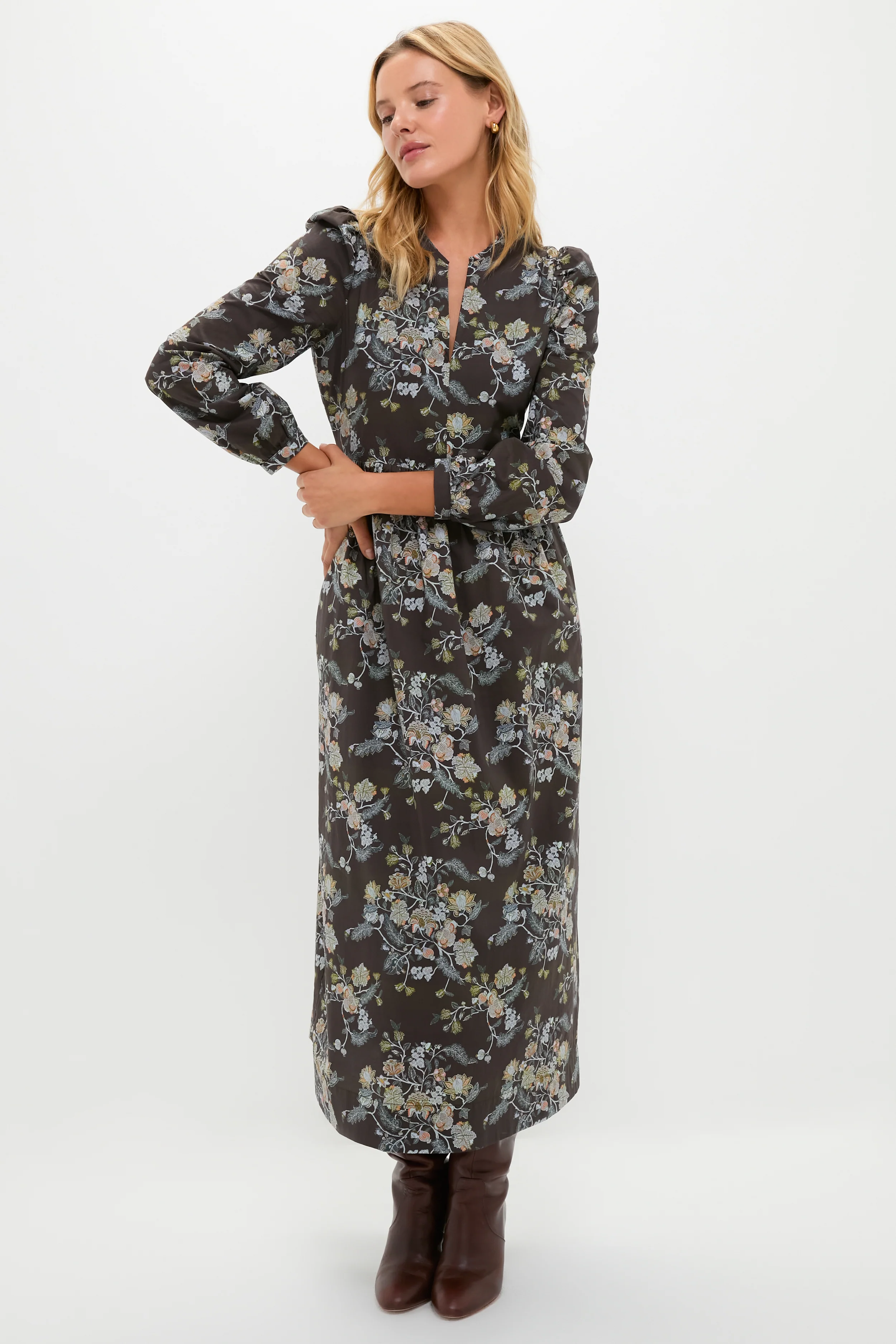 Long Sleeve Brown Multi Floral Oslo Midi Dress - Image 6