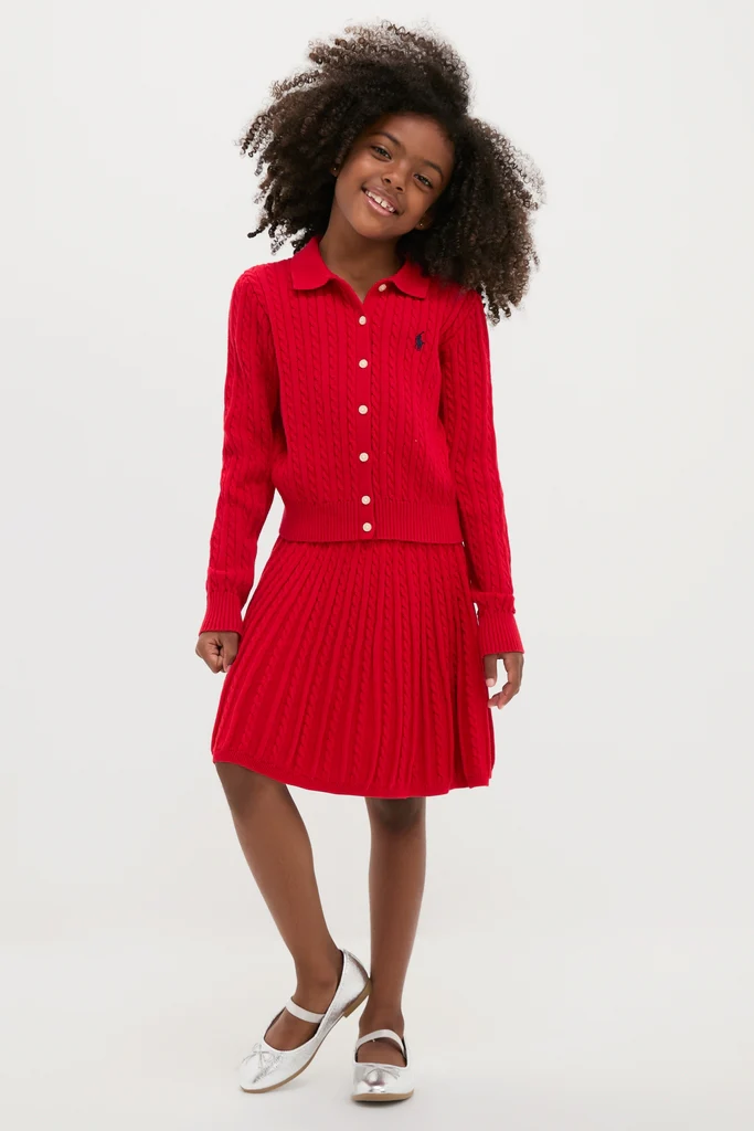 Long-Sleeve Cotton Mini Cable Knit Cardigan with Matching Skirt - Image 2