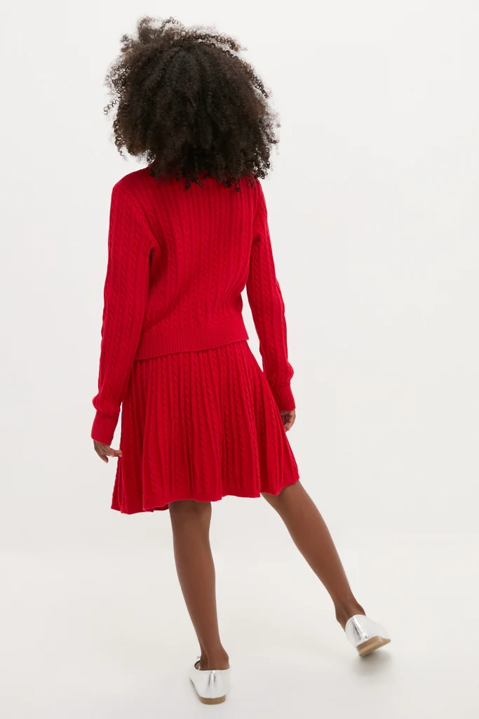 Long-Sleeve Cotton Mini Cable Knit Cardigan with Matching Skirt - Image 4