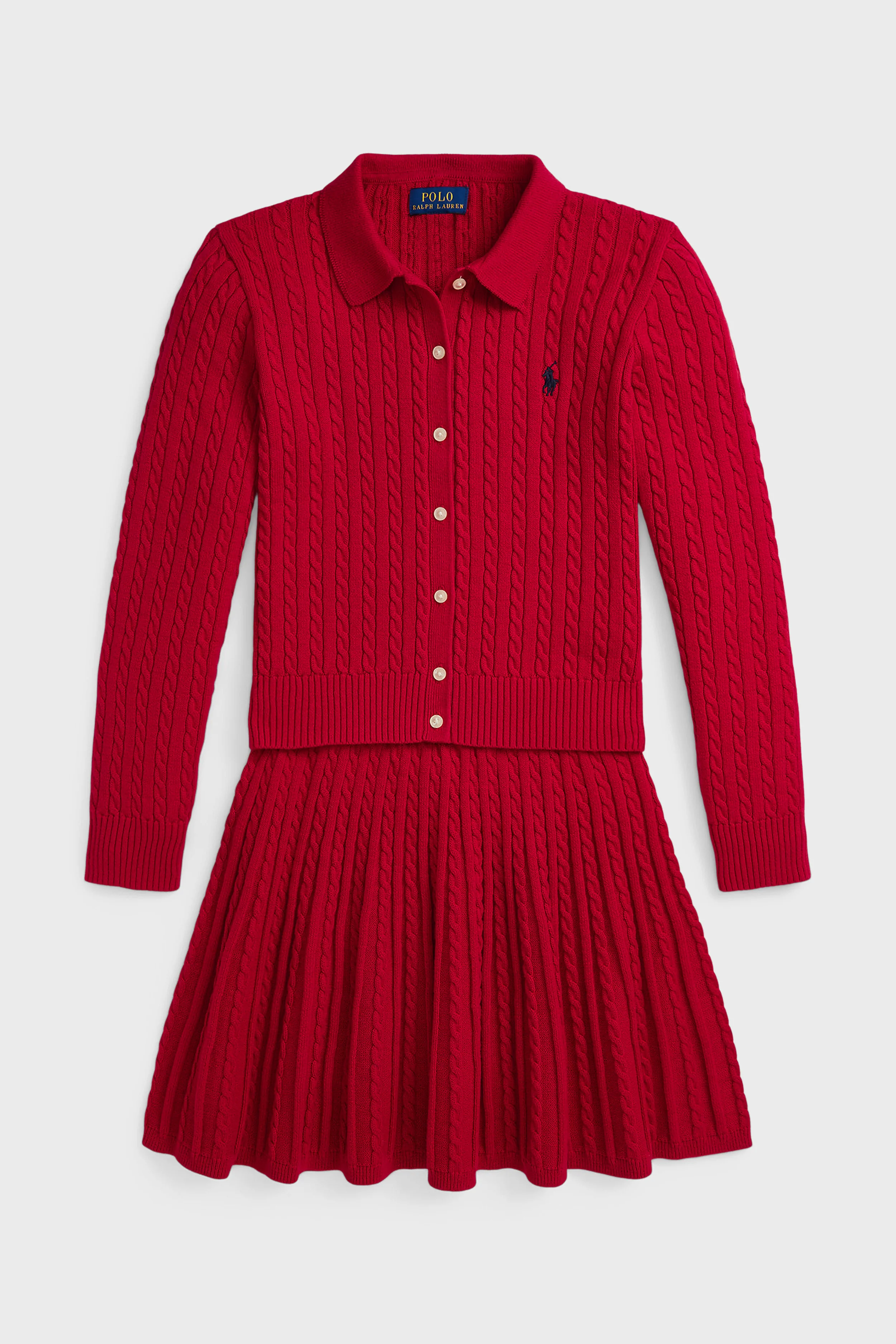 Long-Sleeve Cotton Mini Cable Knit Cardigan with Matching Skirt - Image 5