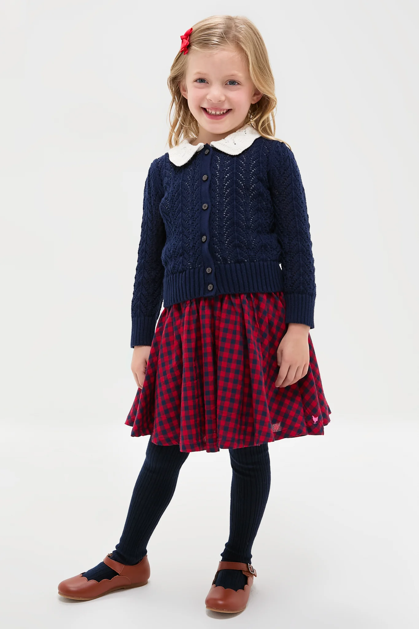 Girls Long-Sleeve Cotton Pointelle Collared Cardigan - Image 2
