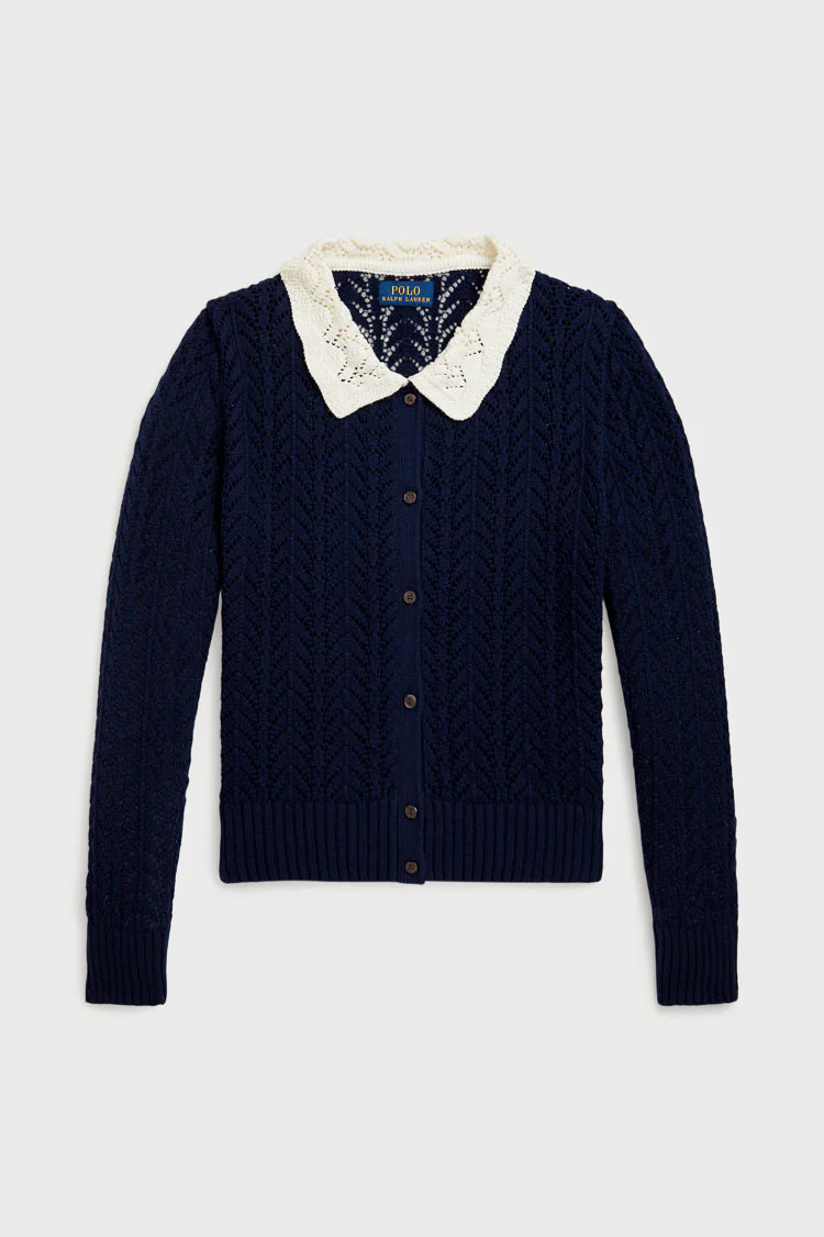 Girls Long-Sleeve Cotton Pointelle Collared Cardigan - Image 6