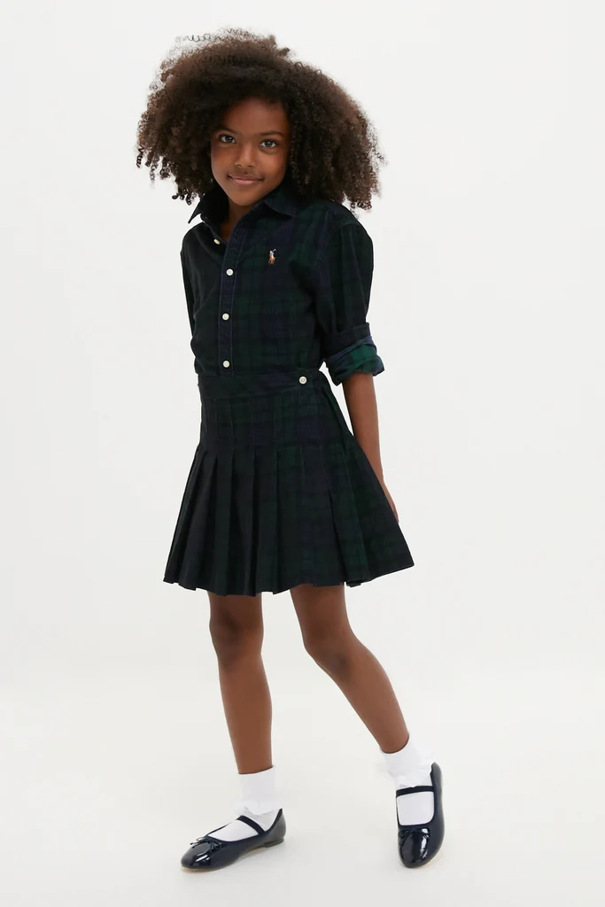 Girls Long-Sleeve Cotton Printed Corduroy Shirt with Pleated Skirt - Image 2