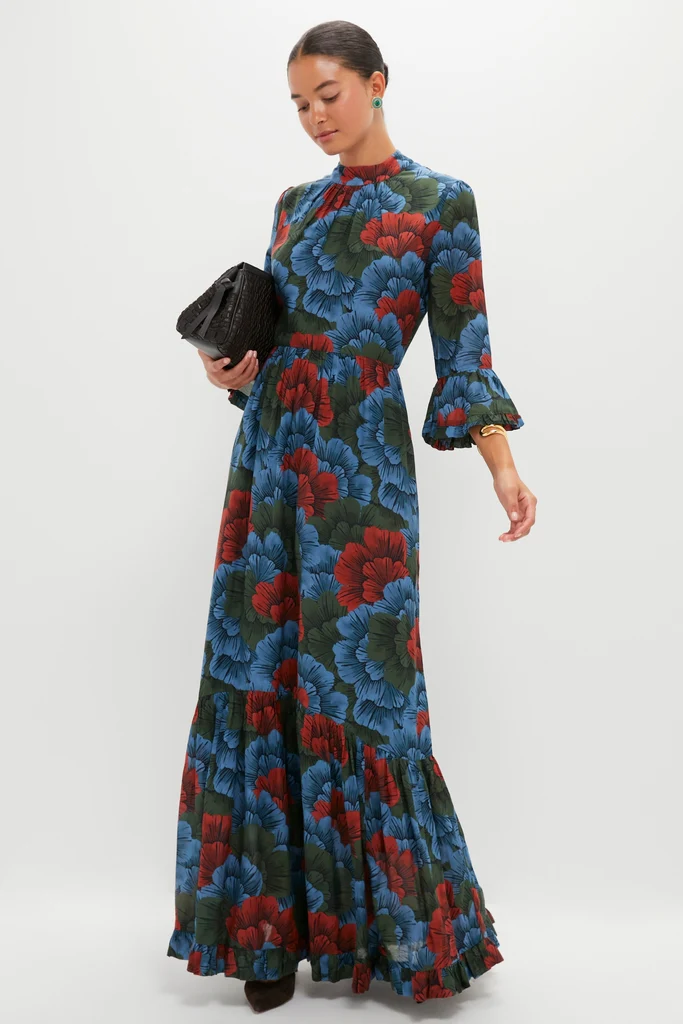 Madrid Blue High Neck Bell Sleeve Maxi Dress - Image 2