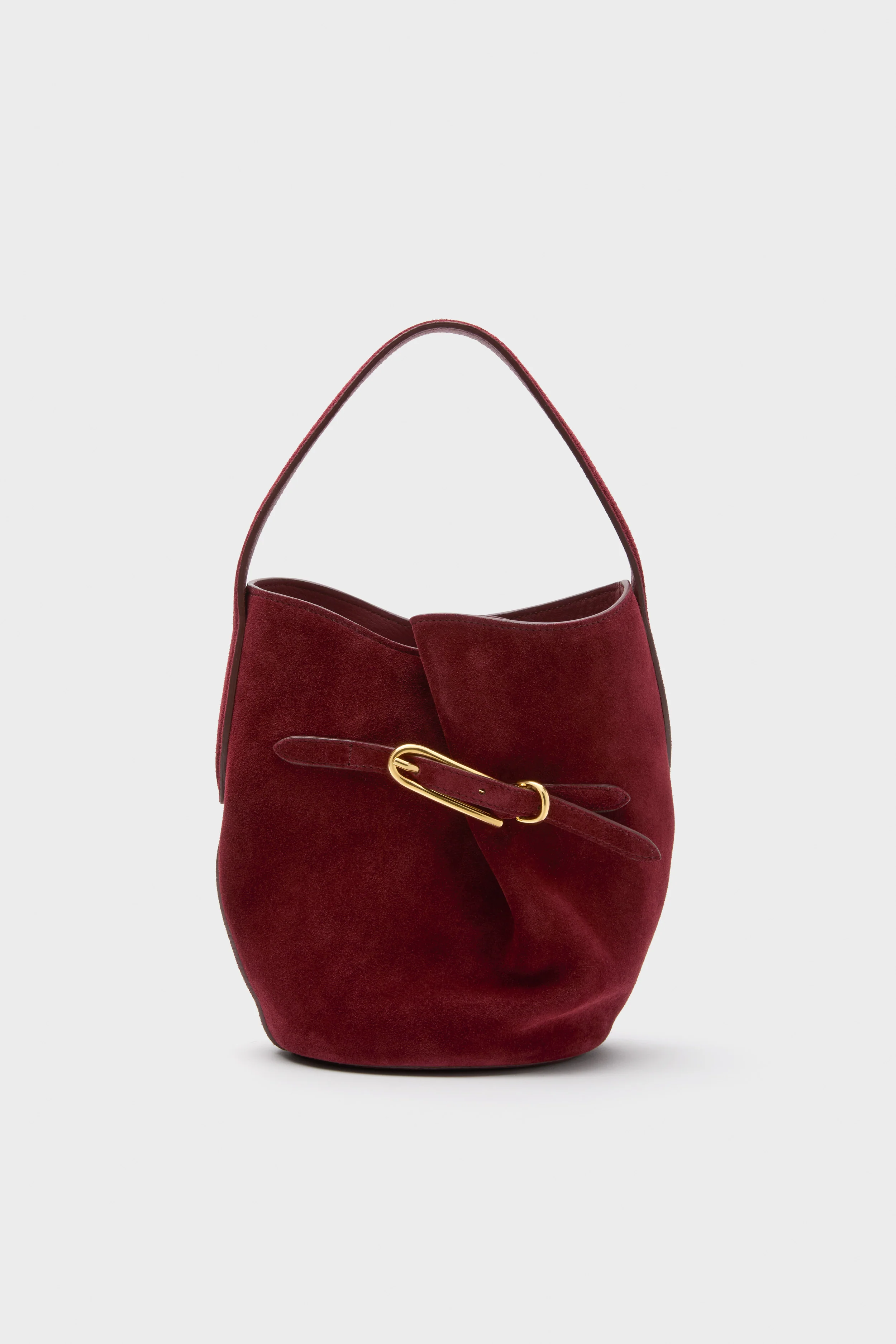 Maroon Suede Mini Belted Bucket Bag