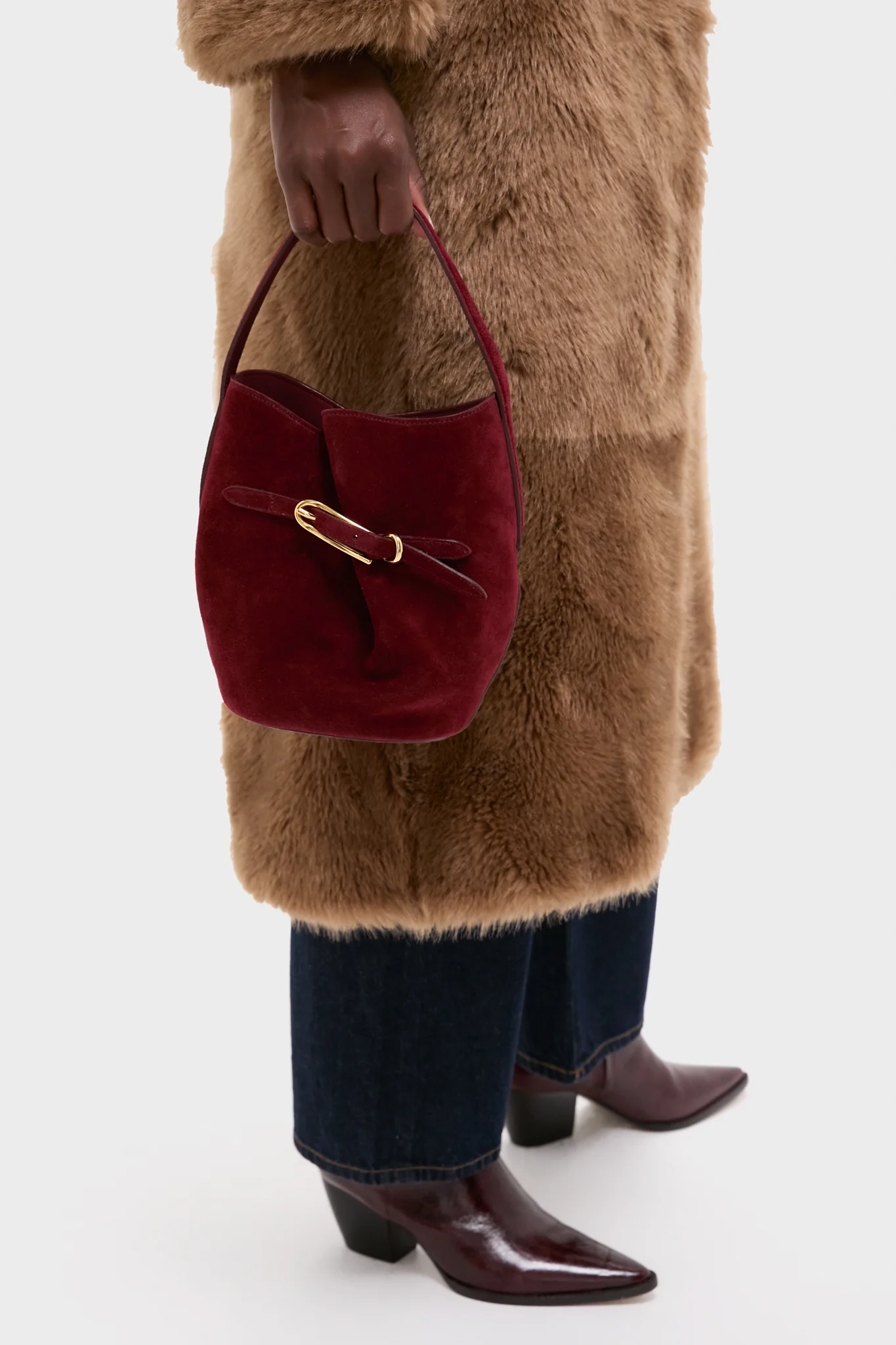 Maroon Suede Mini Belted Bucket Bag - Image 2
