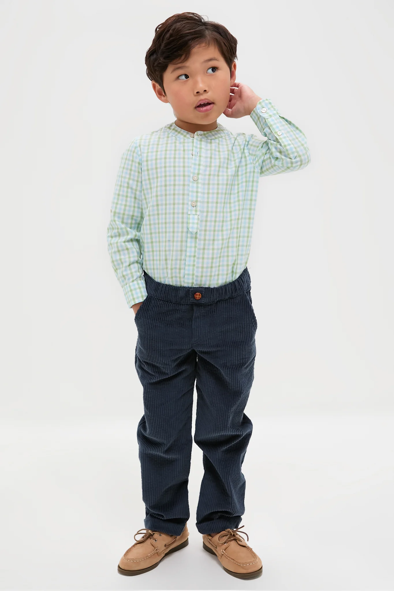 Maxwell Gingham Mao Collar Long Sleeve Shirt in Green - Image 2