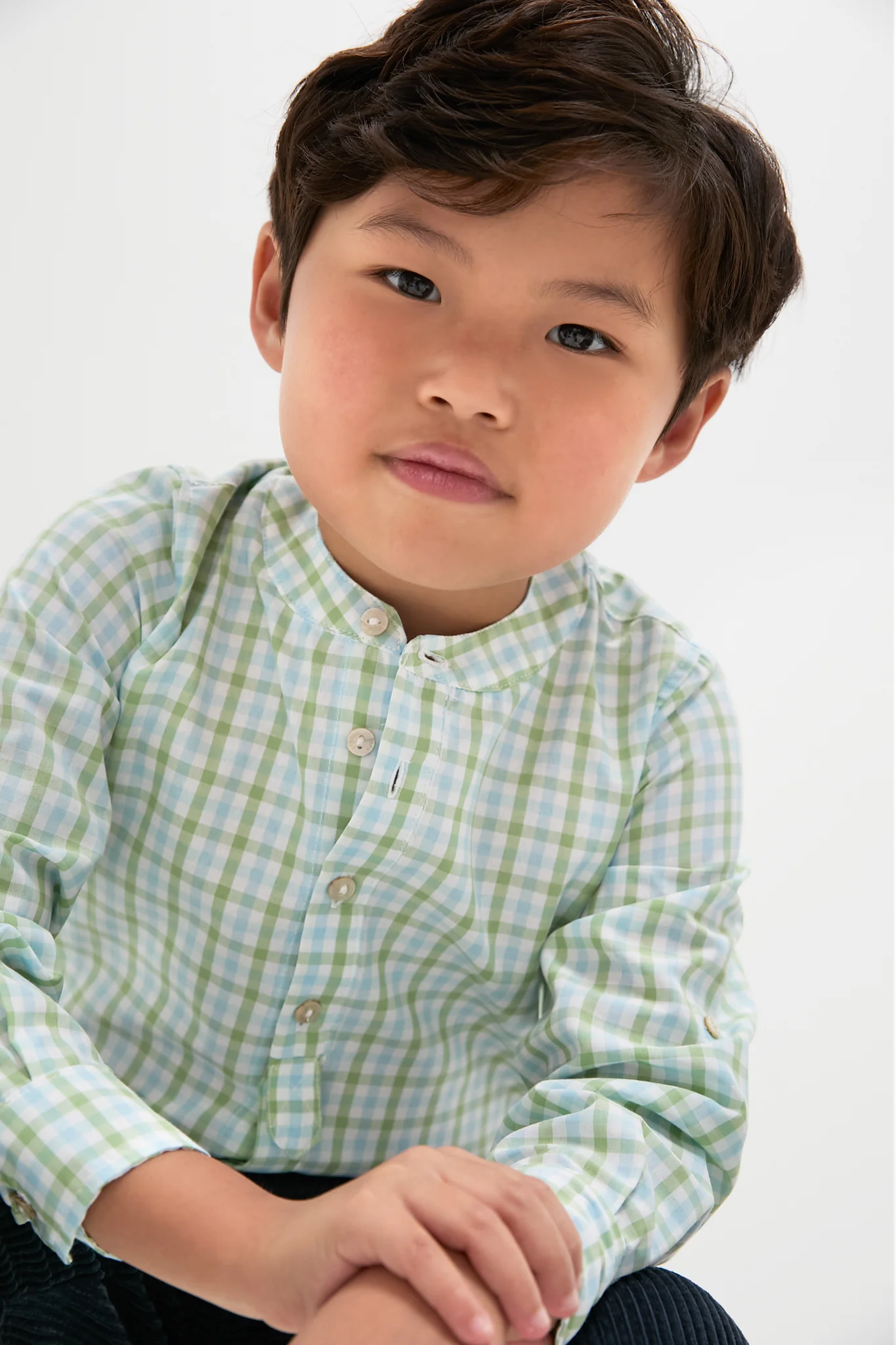 Maxwell Gingham Mao Collar Long Sleeve Shirt in Green - Image 4