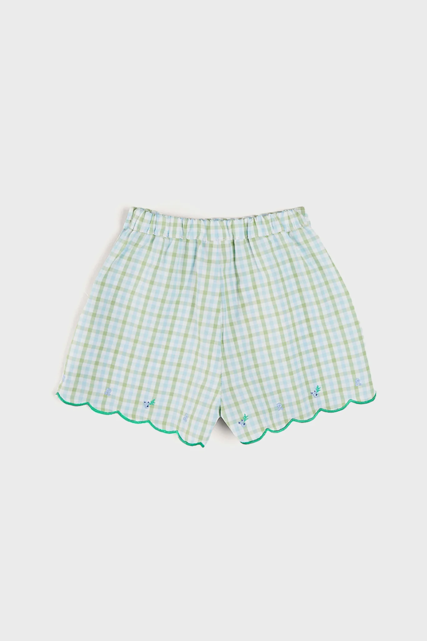 Maxwell Gingham Scallop Trim Embroidered Shorts in Green - Image 3