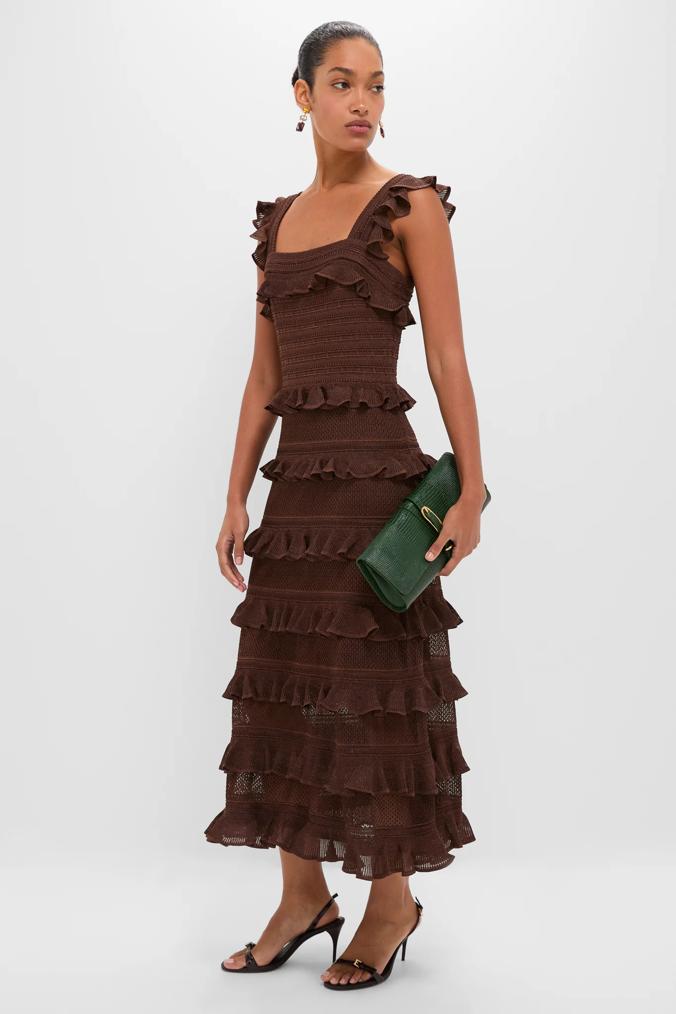 Metallic Chocolate Hypnotic Lace Frill Midi Dress - Image 2