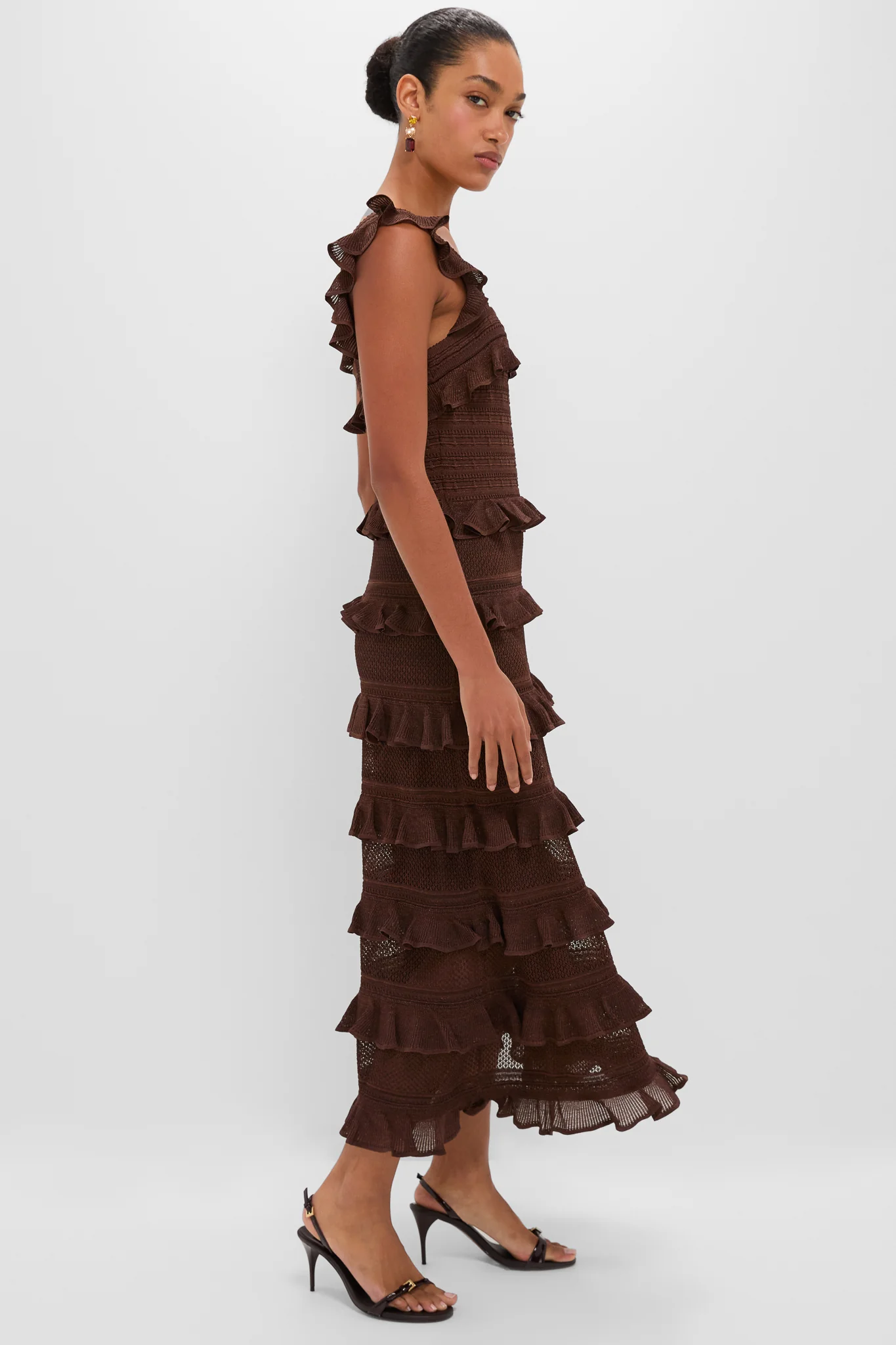 Metallic Chocolate Hypnotic Lace Frill Midi Dress - Image 3