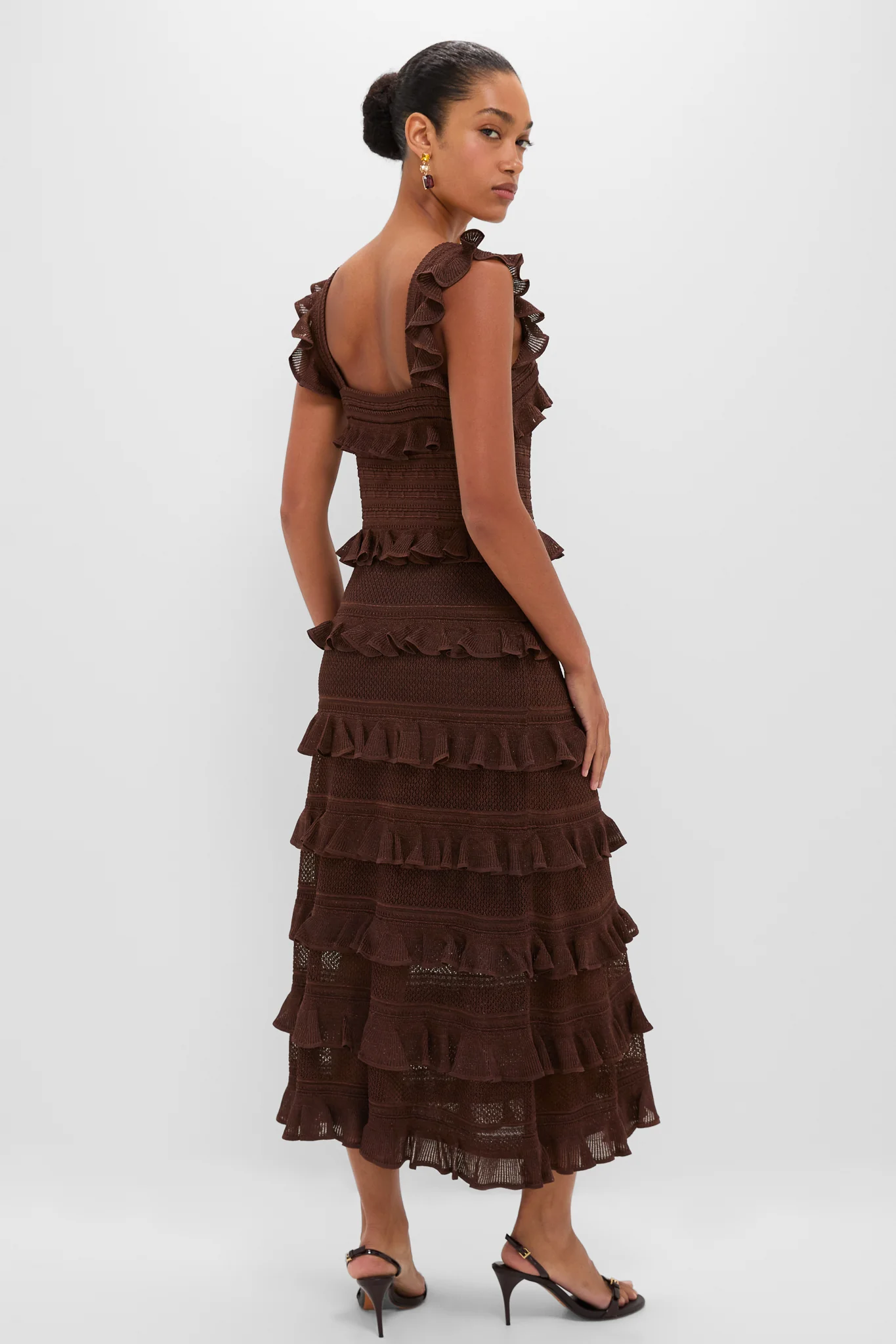 Metallic Chocolate Hypnotic Lace Frill Midi Dress - Image 4