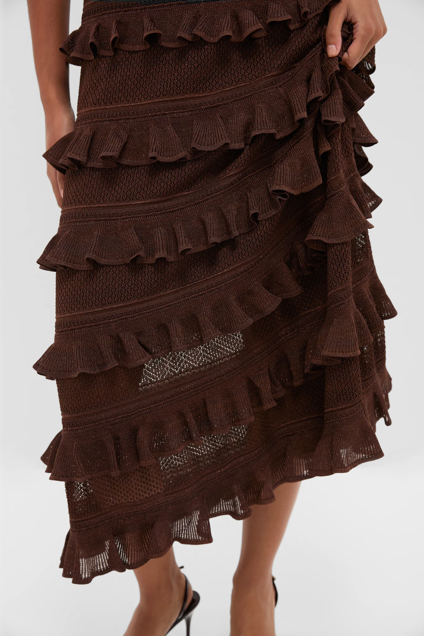 Metallic Chocolate Hypnotic Lace Frill Midi Dress - Image 6