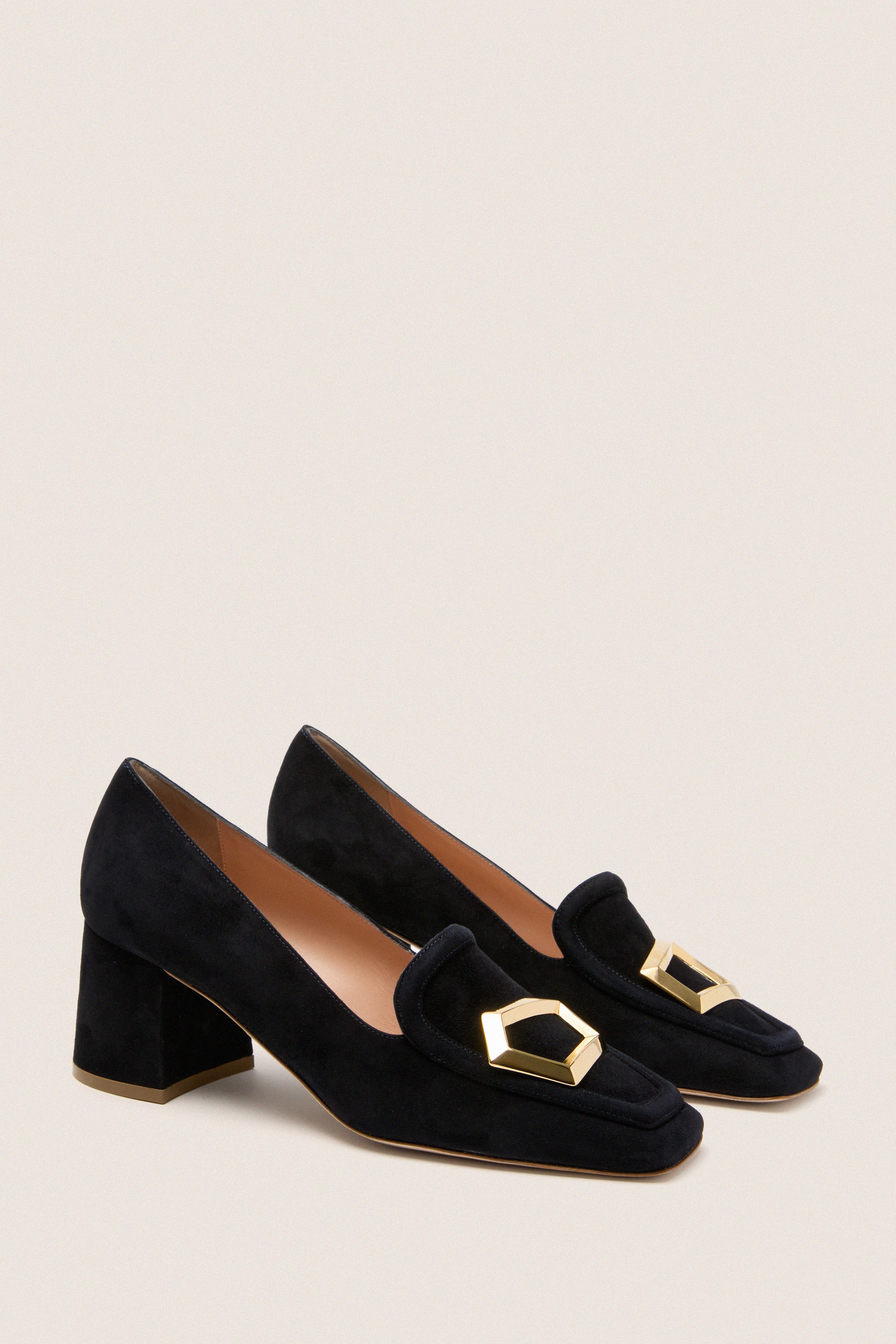 Midnight Suede with Gold Cubic Pebble Nola Heels - Image 5